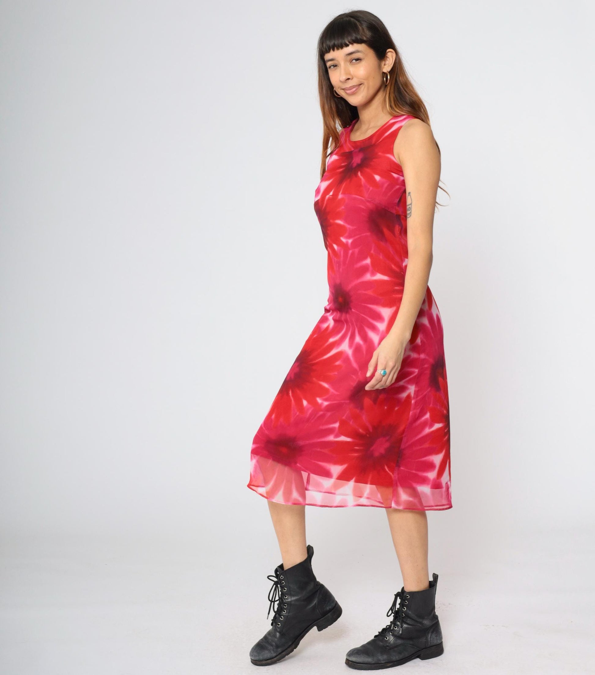 90s Red Pink Floral Midi Dress Empire Waist Sleeveless Round Neck Extra Small