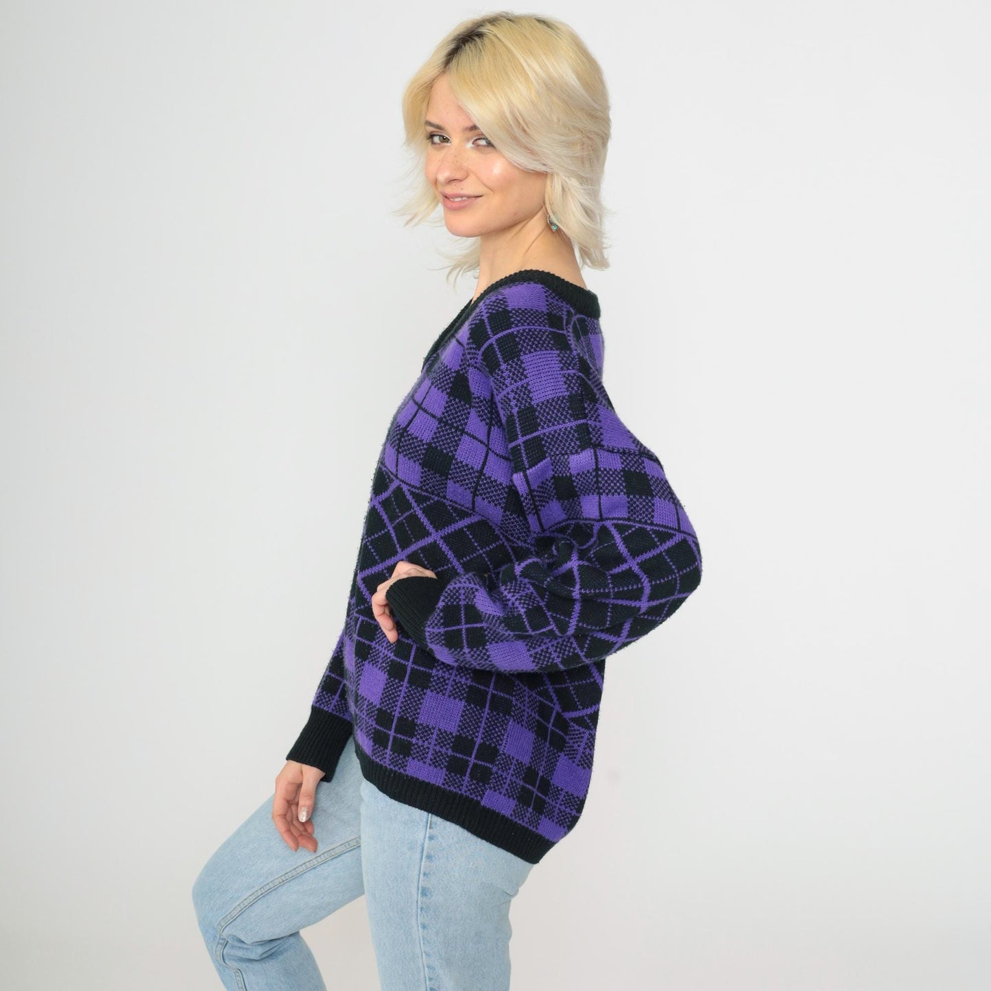 90s Purple Black Checkered Sweater V Neck Knit Pullover Plus Size XXL
