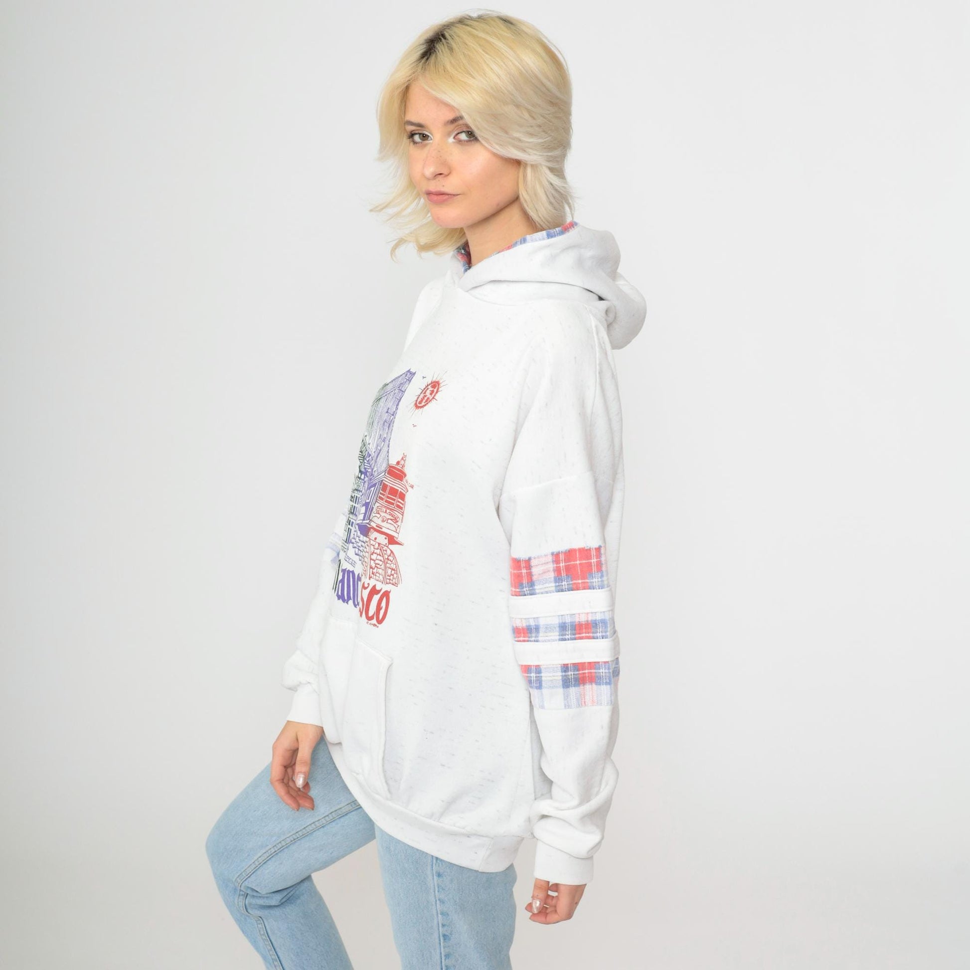 90s San Francisco Chinatown Golden Gate Bridge Hoodie Heather White Extra Large