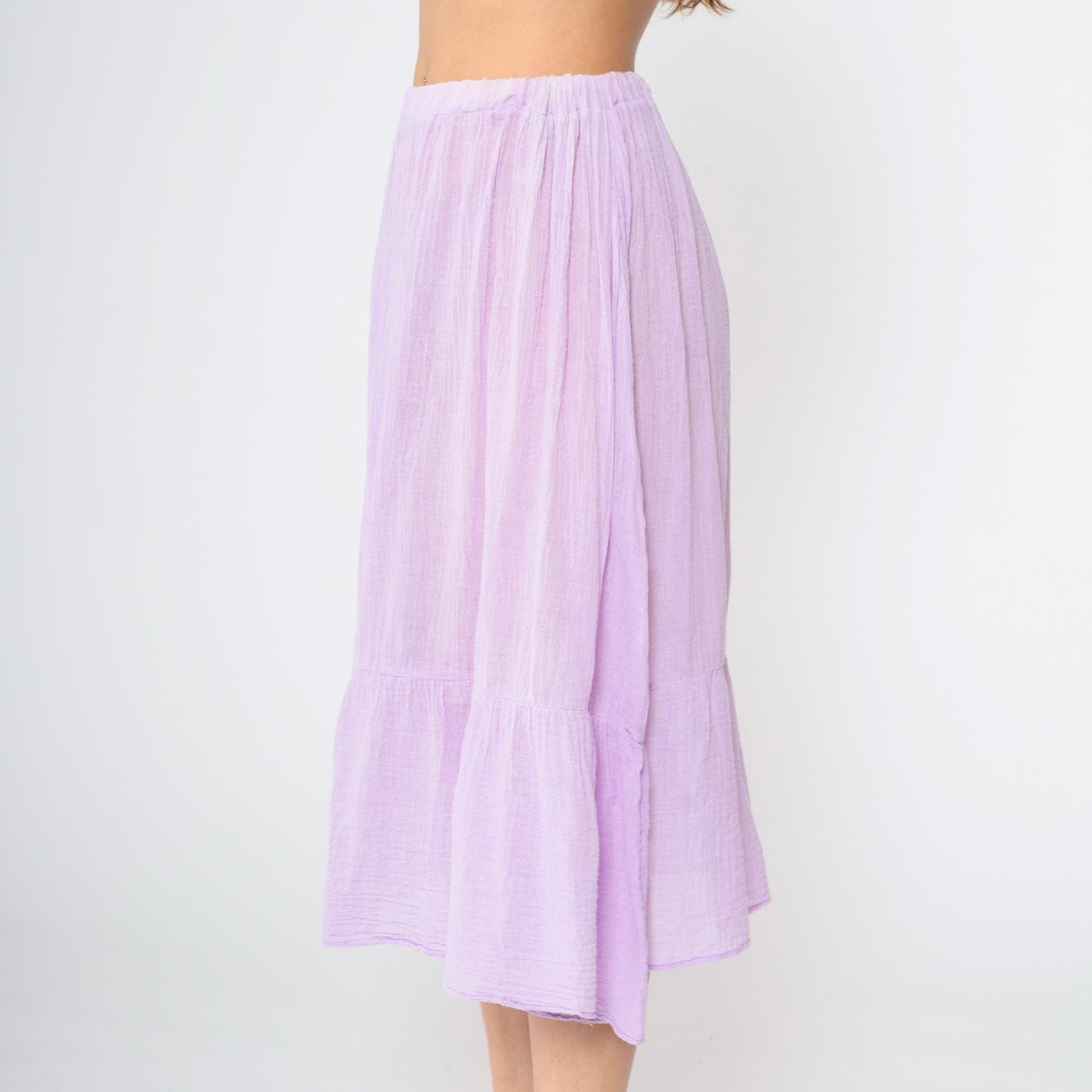 70s Lavender Gauze Peasant Skirt High Waist Flounce Midi Cotton Medium