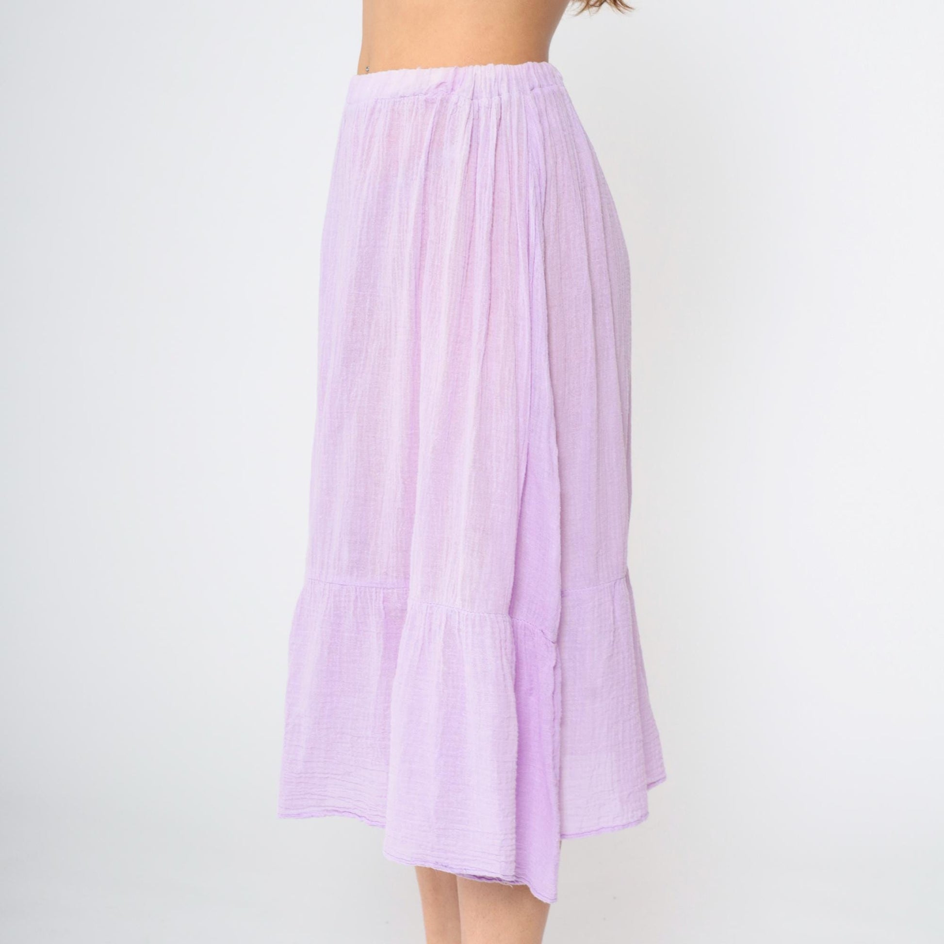 70s Lavender Gauze Peasant Skirt High Waist Flounce Midi Cotton Medium