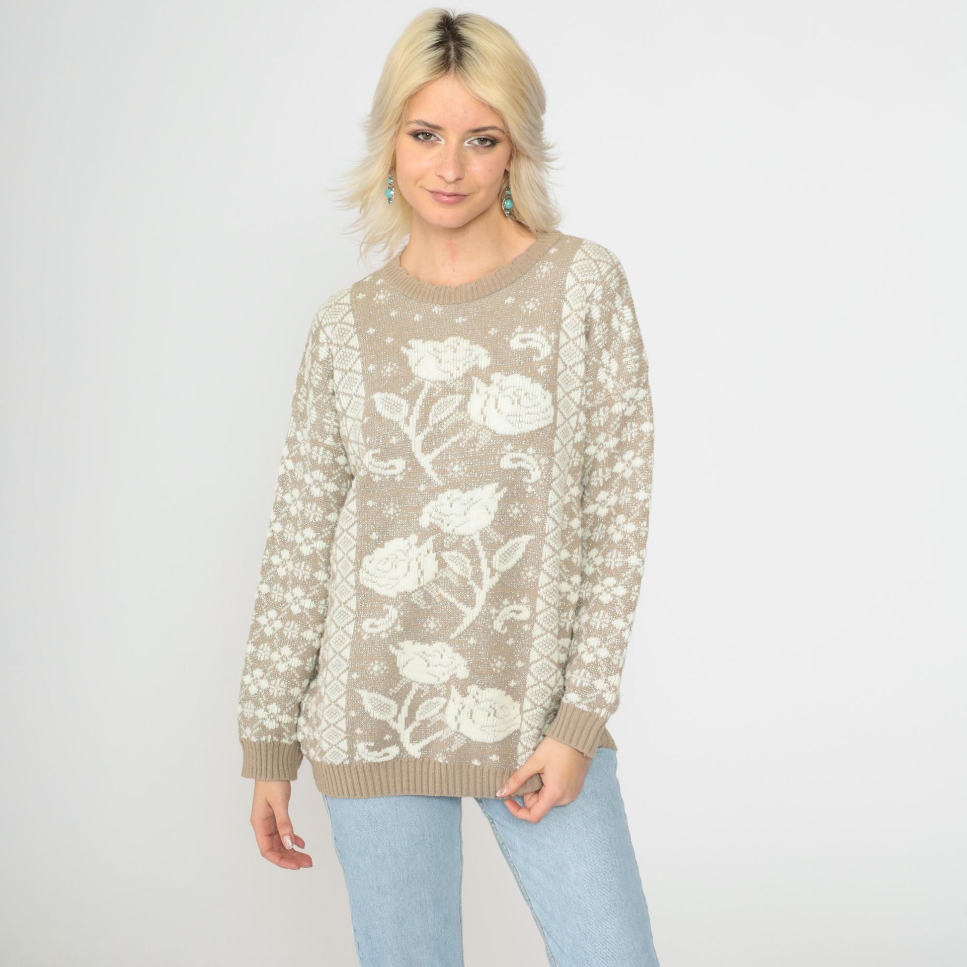 80s Metallic Floral Geometric Knit Sweater Taupe Medium M