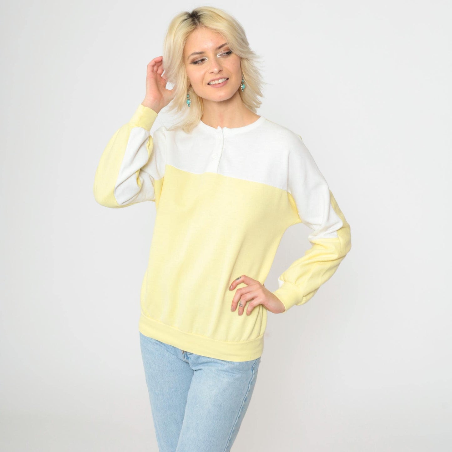 80s Yellow & White Henley Sweatshirt Color Block Slouchy Large