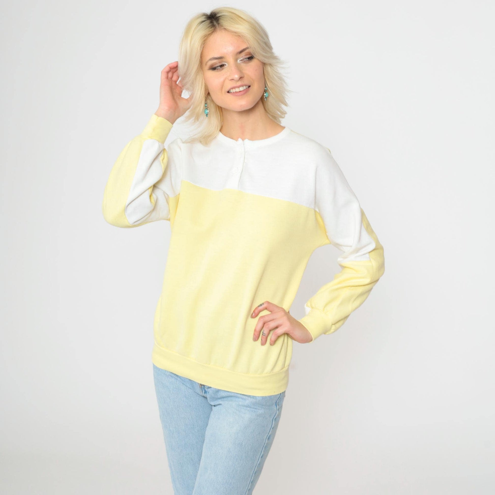 80s Yellow & White Henley Sweatshirt Color Block Slouchy Large