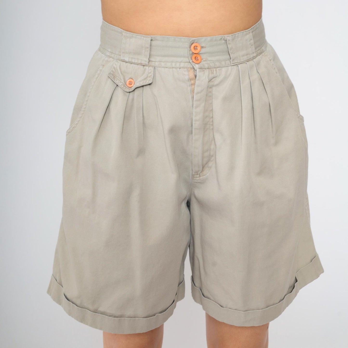 90s Khaki Pleated Shorts High Waisted Trouser Baggy Cotton Small