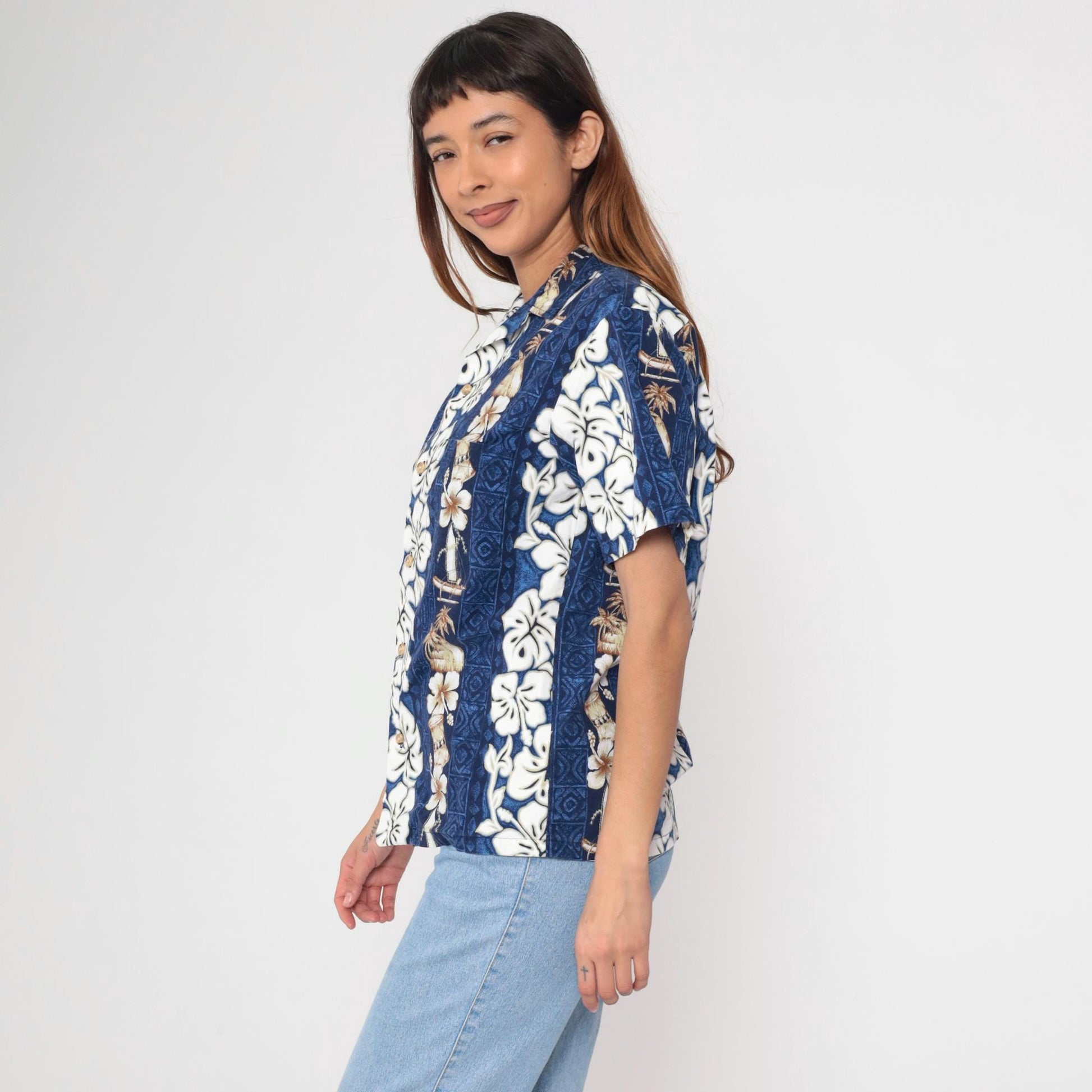 90s RJC Hawaiian Shirt Blue Tropical Floral Hibiscus Aloha Small