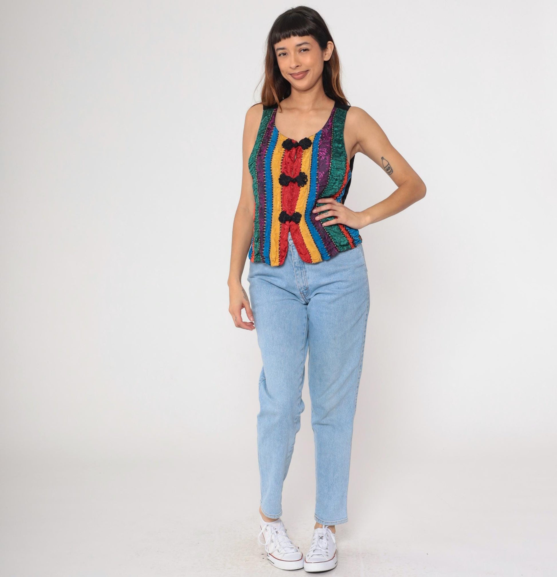 90s Brocade Striped Vest Frog Closure Sleeveless Scoop Neck Medium