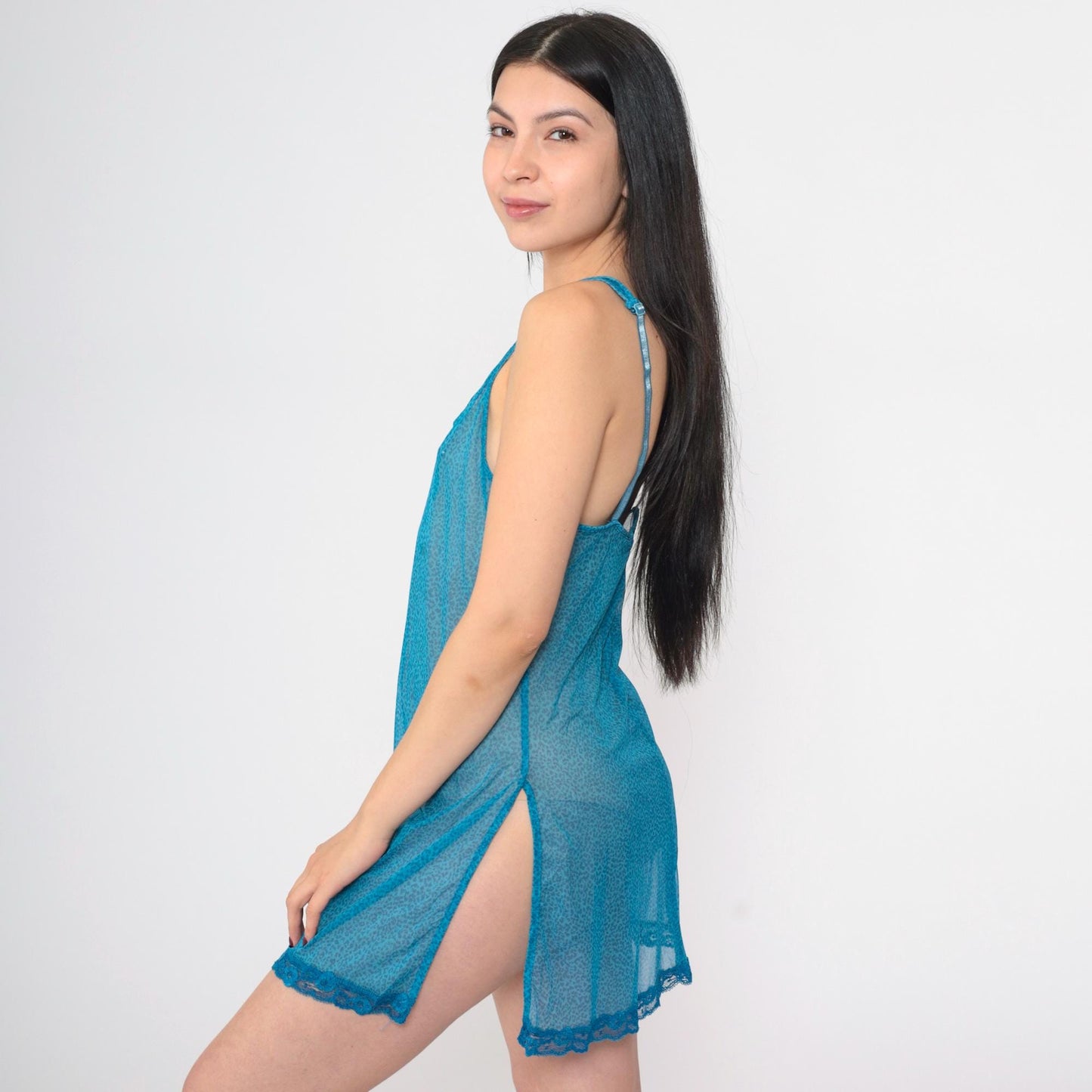 Victoria's Secret Y2K Slip Dress Blue Leopard Print Spaghetti Strap Chemise Medium