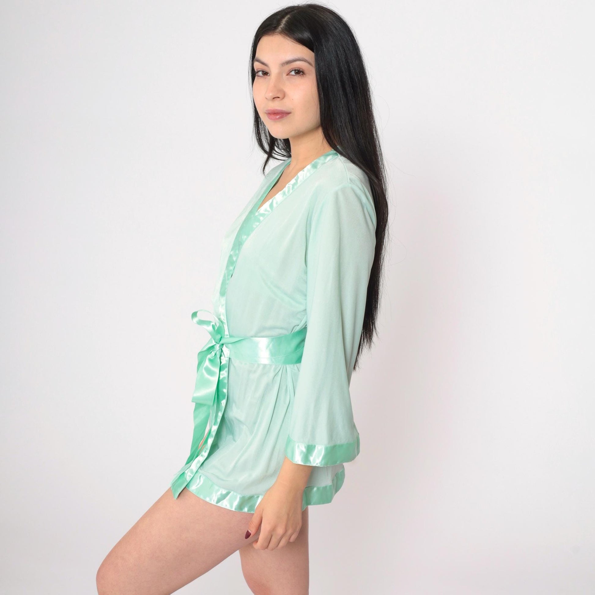 80s Mint Green Satin Trim Pajama Robe Wrap Tie Front Mini Medium