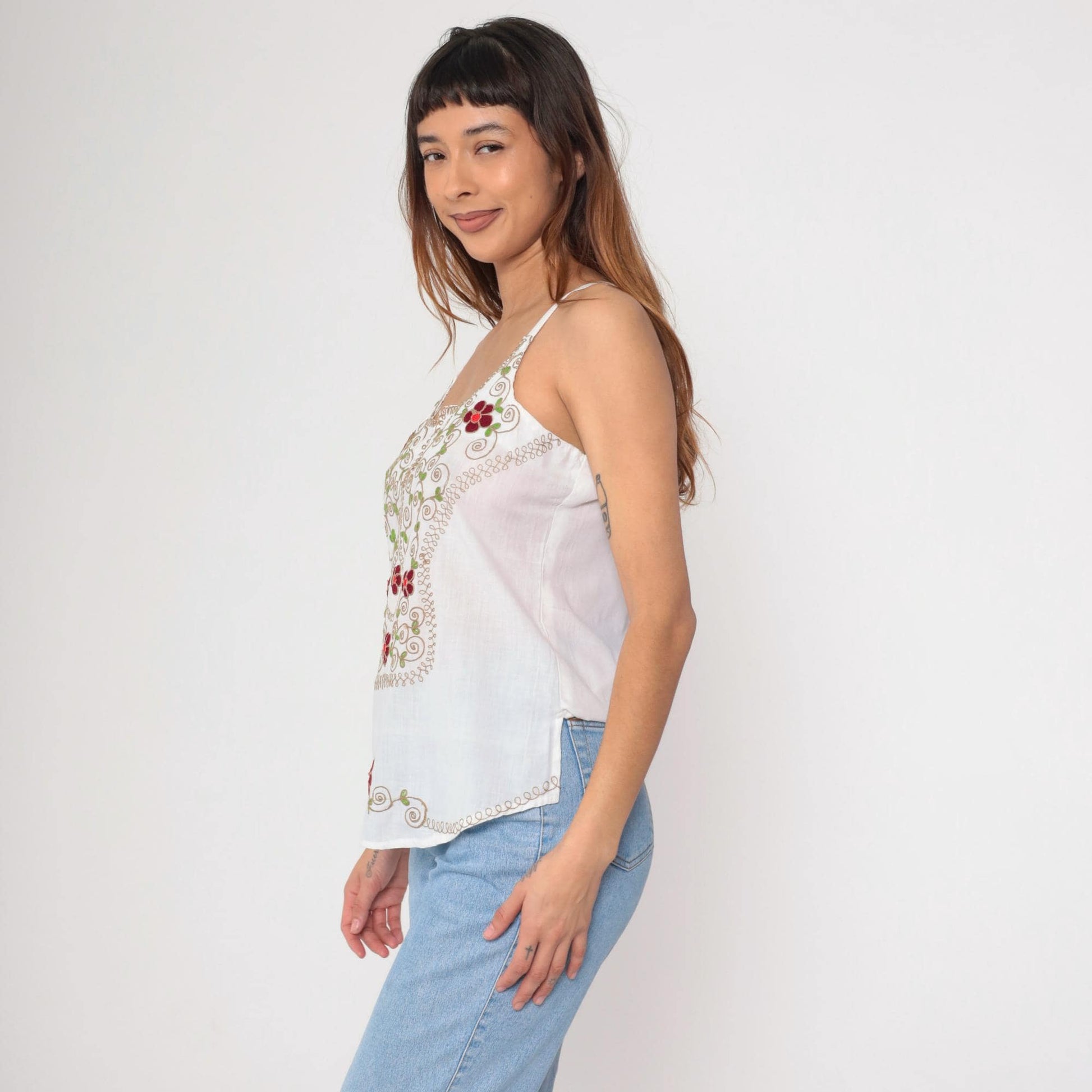 90s White Floral Embroidered Tank Top Spaghetti Strap Split Neck Small Medium