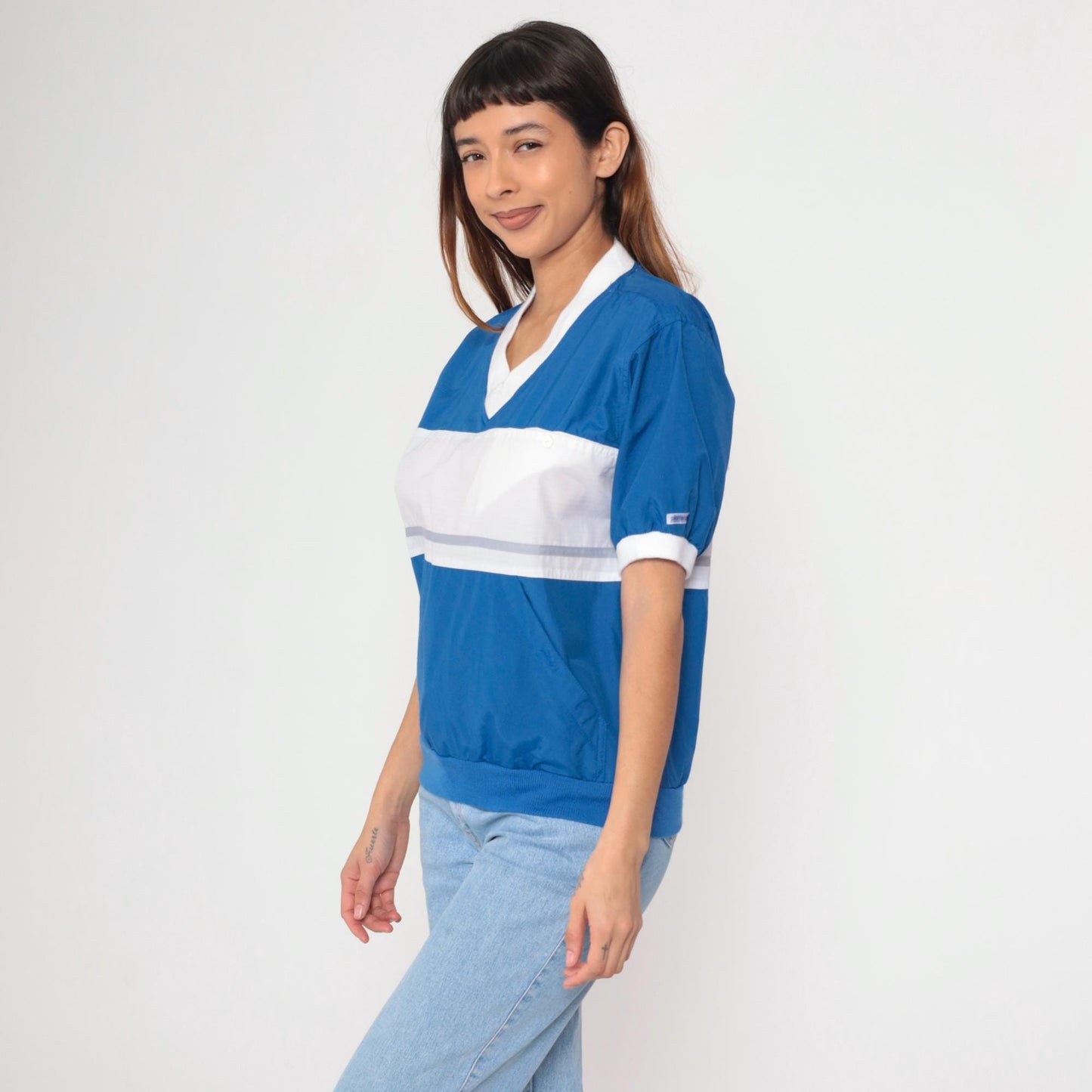 80s Pierre Cardin Ringer Tee White Blue Colour Block V-Neck Small S