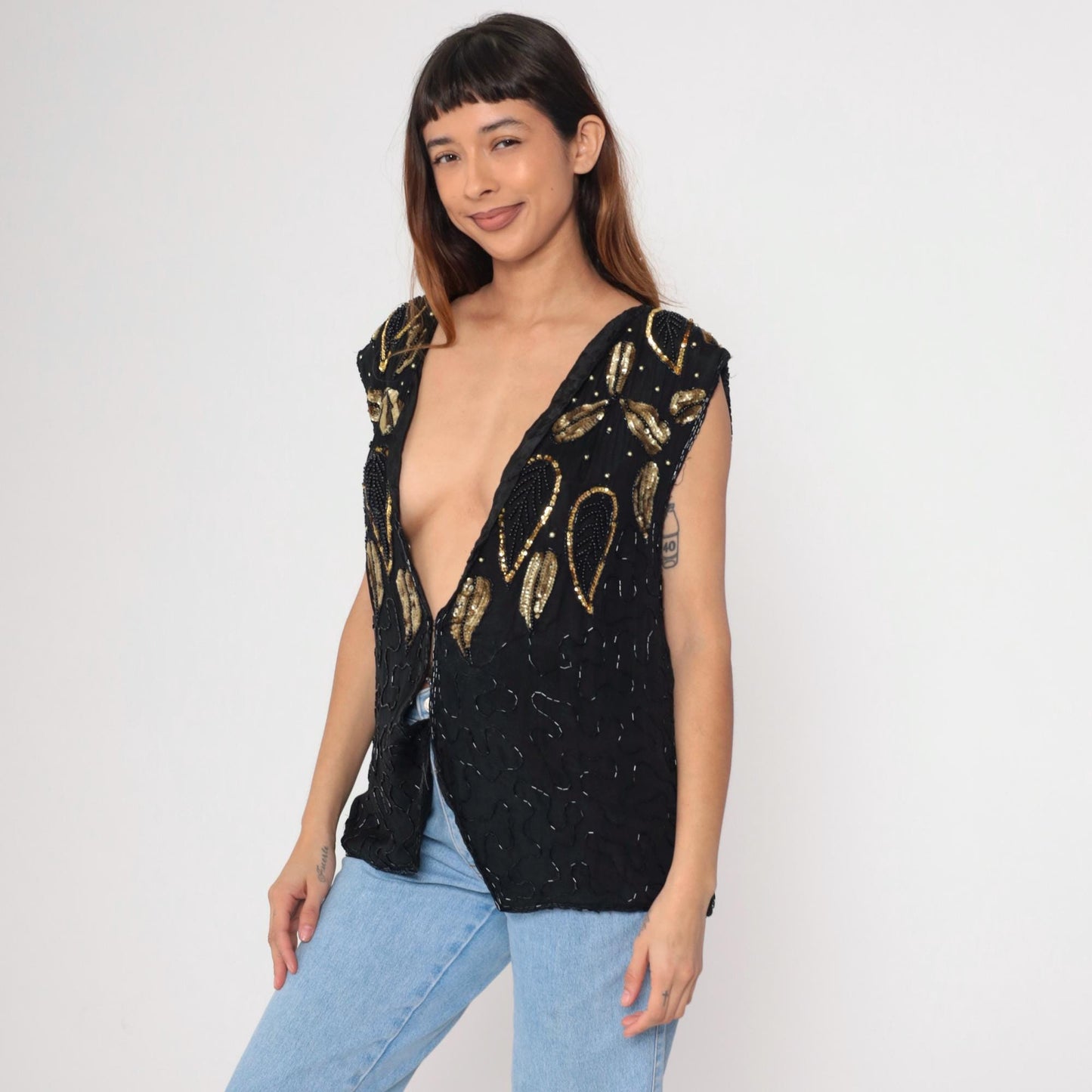 90s Midnight Run Black Silk Beaded Vest Gold Leaf Sequin Deep V Medium