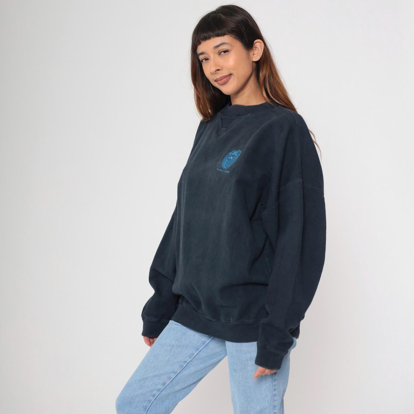 90s Vancouver Indigenous Embroidered Sweatshirt Faded Black Canada Crewneck XXL