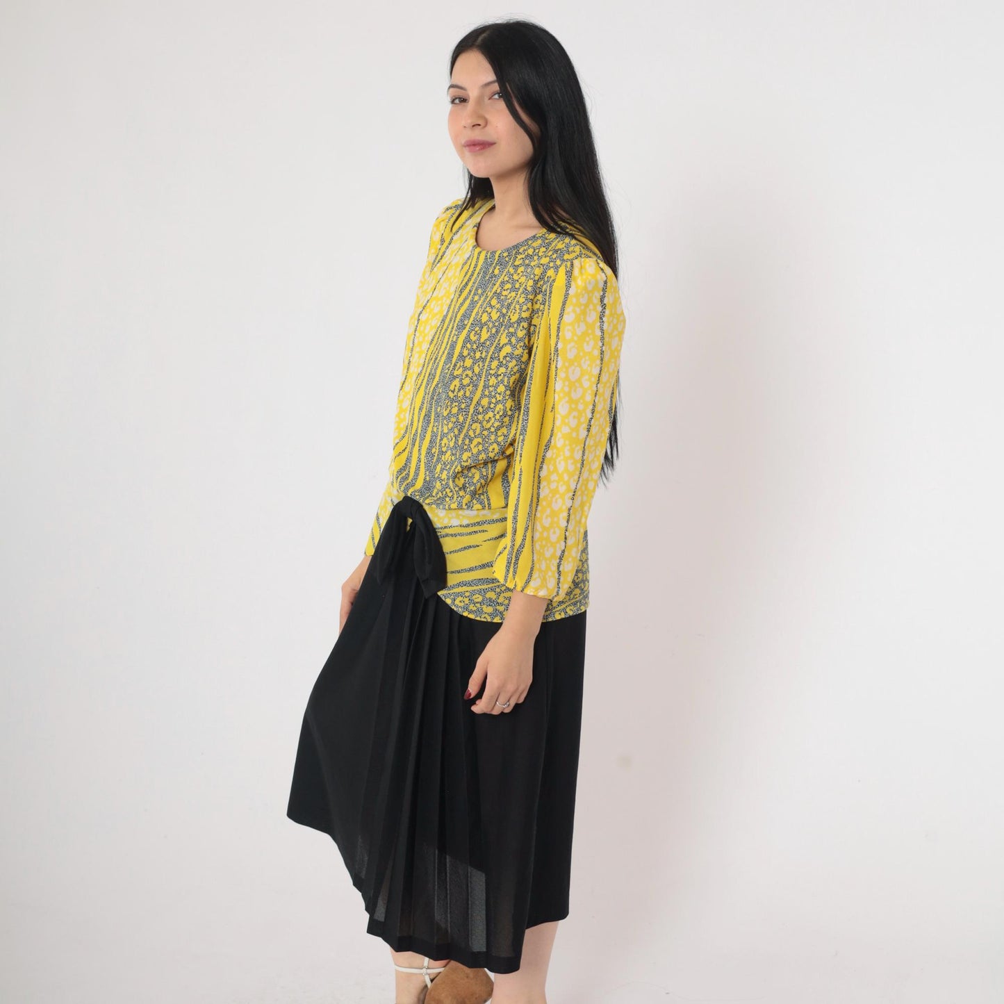 80s Yellow Leopard Striped Midi Dress Puff Sleeve Peplum Bow Drop Waist Large