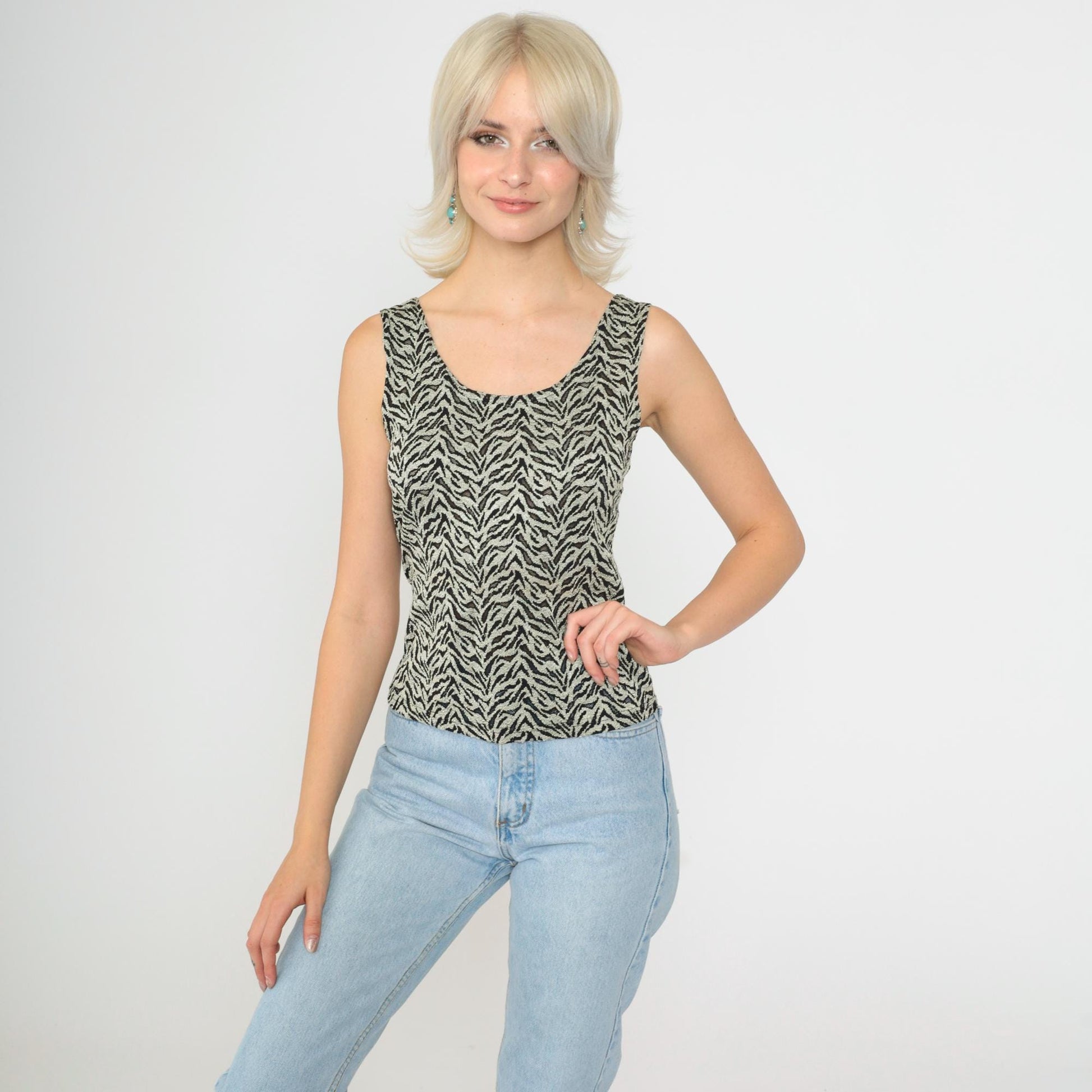 90s Zebra Stripe Tank Top Grey Sheer Mesh Scoop Neck Small Medium