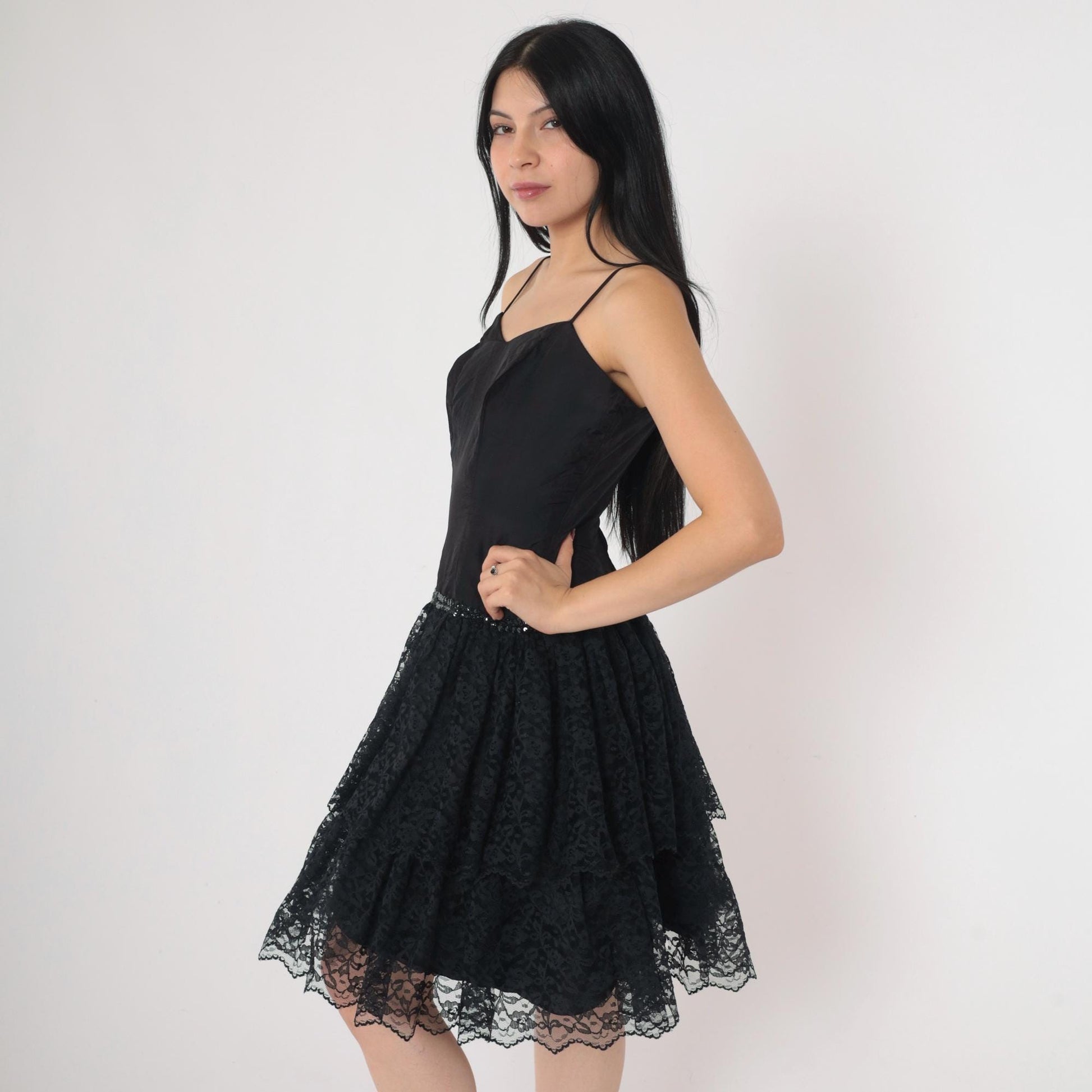 80s Black Lace Midi Dress Sweetheart Neckline Sequin Spaghetti Strap Extra Small
