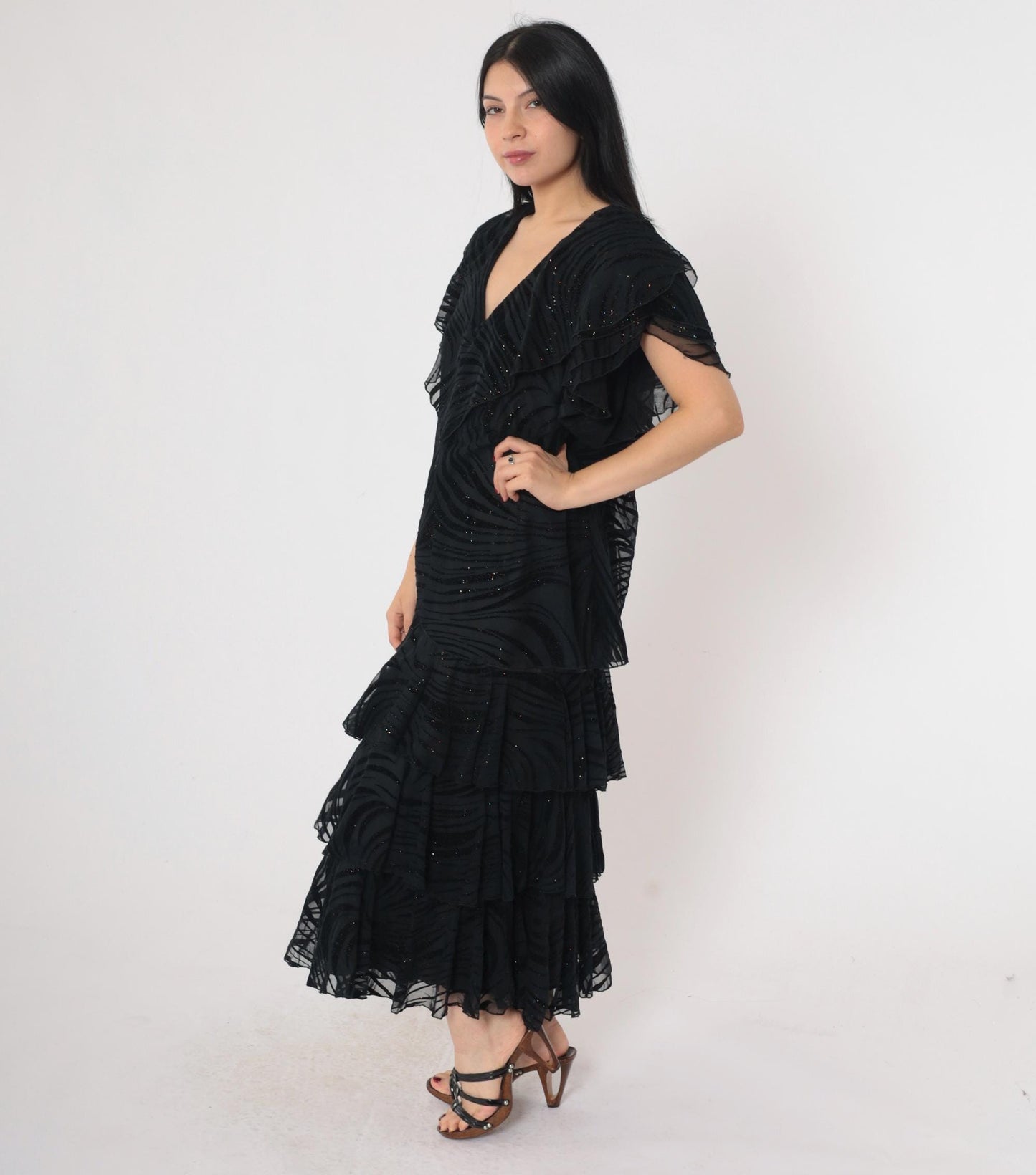 90s Black Glitter Tiger Stripe Dress Flutter Sleeve V-Neck Ankle Length Large L