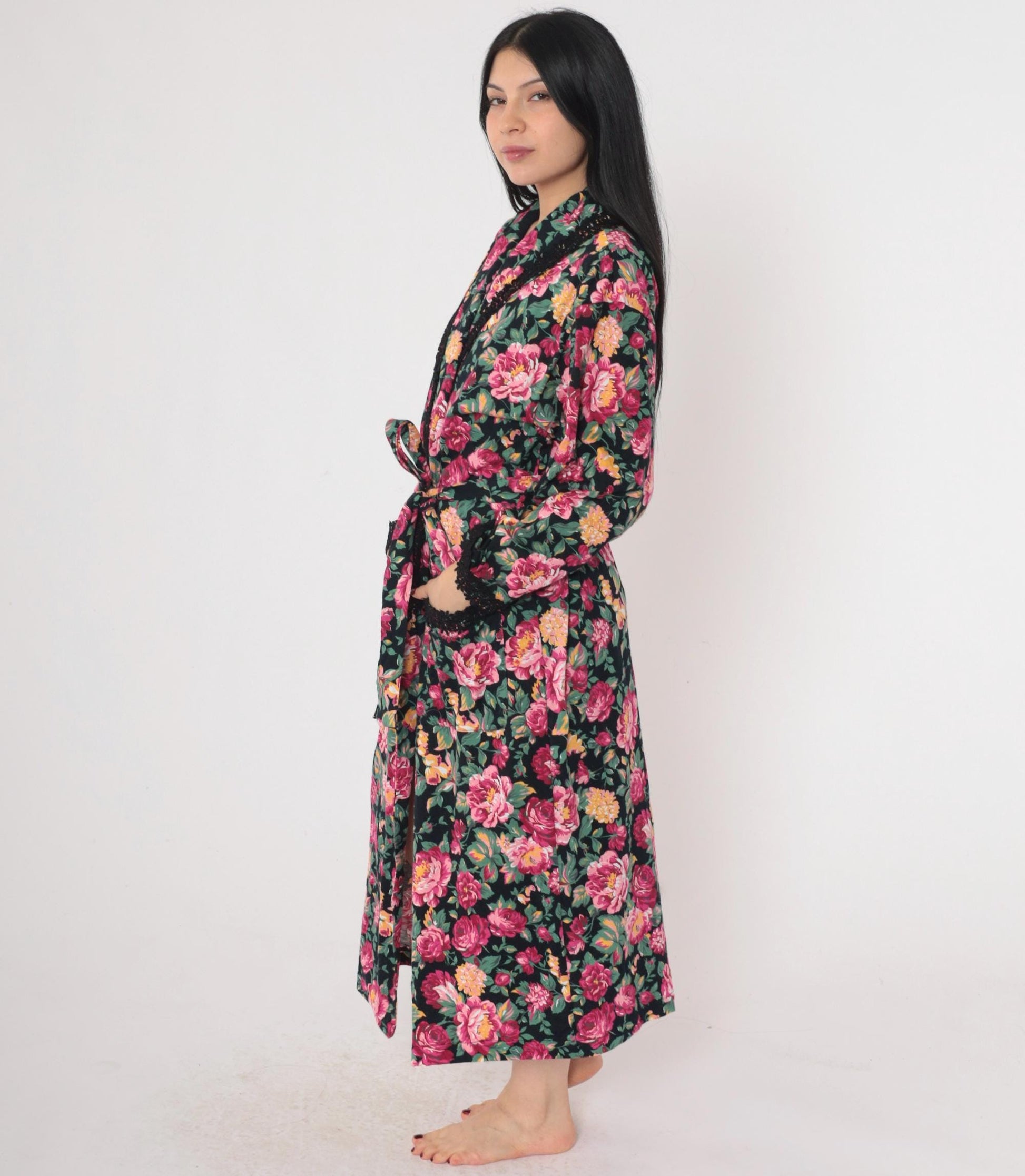 90s Victoria's Secret Floral Robe Pink Black Lace Trim Wrap Ankle Length Small Petite
