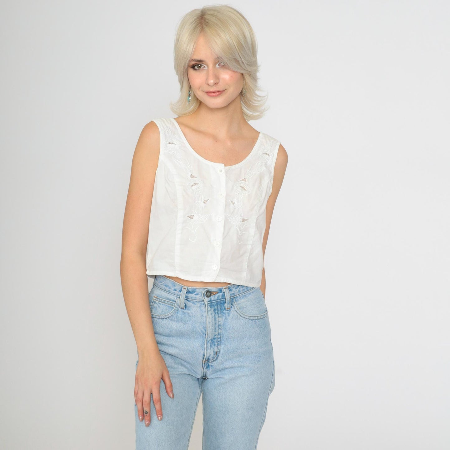 90s Munalisa Floral Embroidered Tank Top White Mesh Cutwork Small