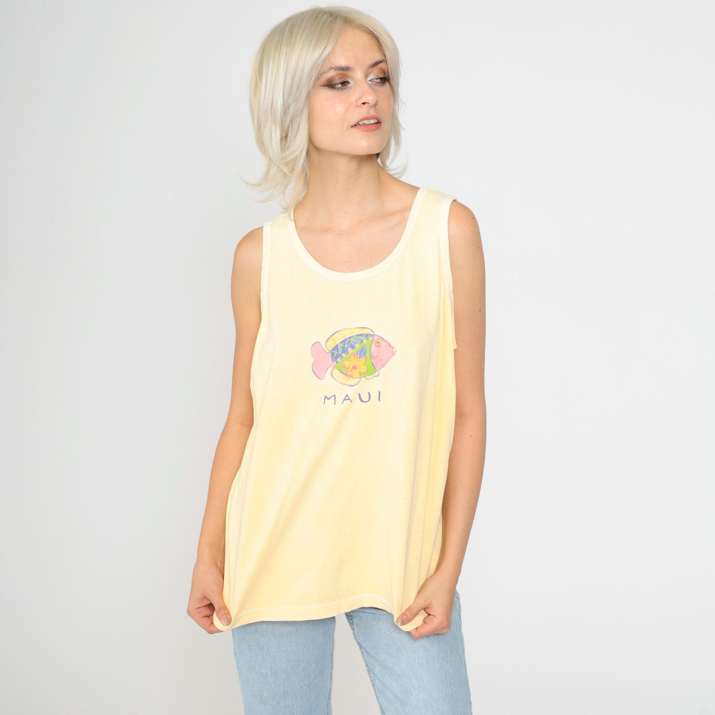 90s Maui Fish Shirt Yellow Tropical Tank Top Cotton Medium