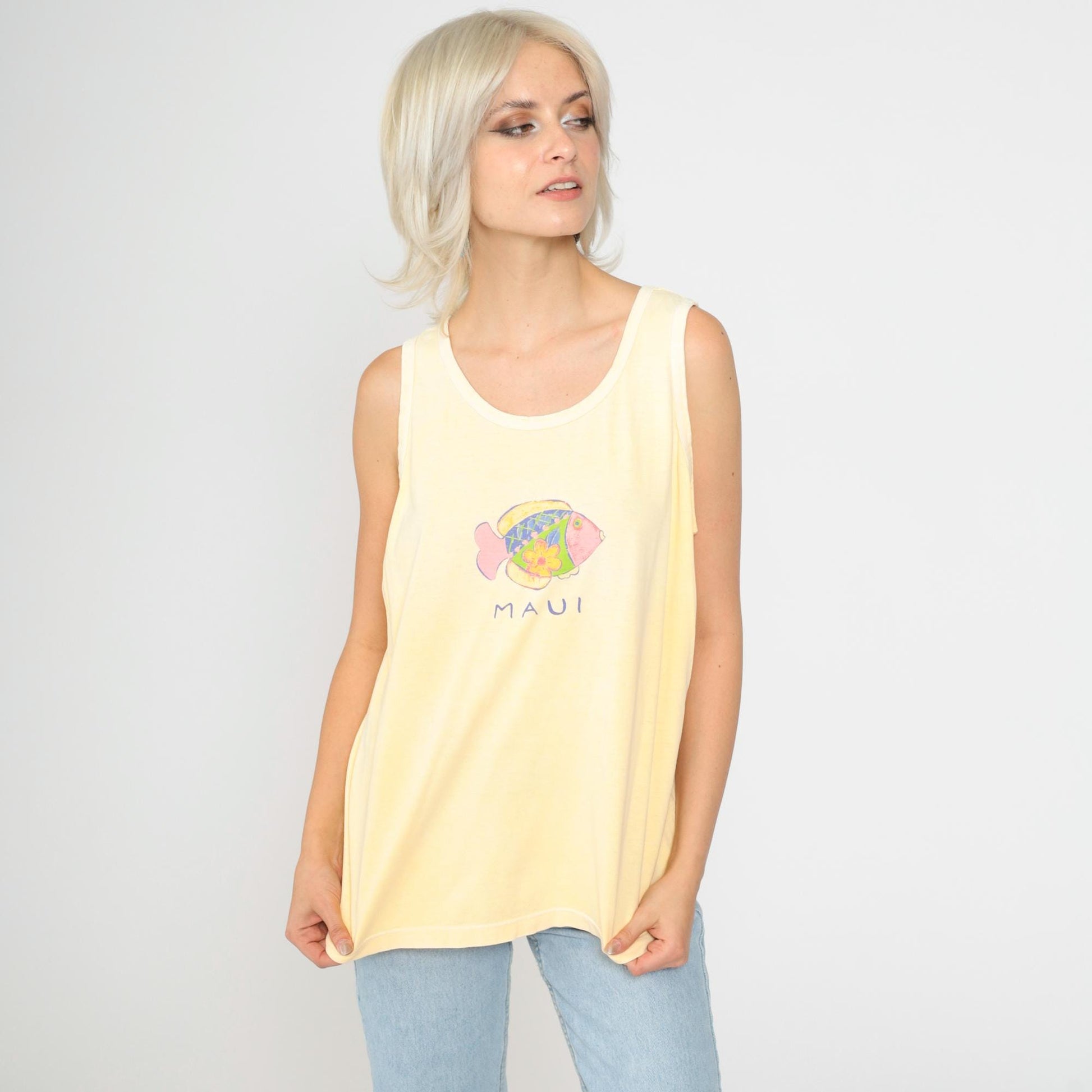 90s Maui Fish Shirt Yellow Tropical Tank Top Cotton Medium