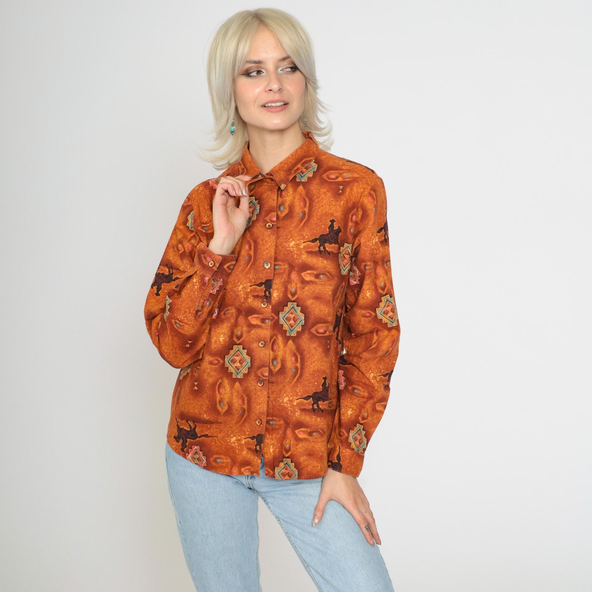 90s Panhandle Slim Western Cowboy Shirt Burnt Orange Horse Print Small