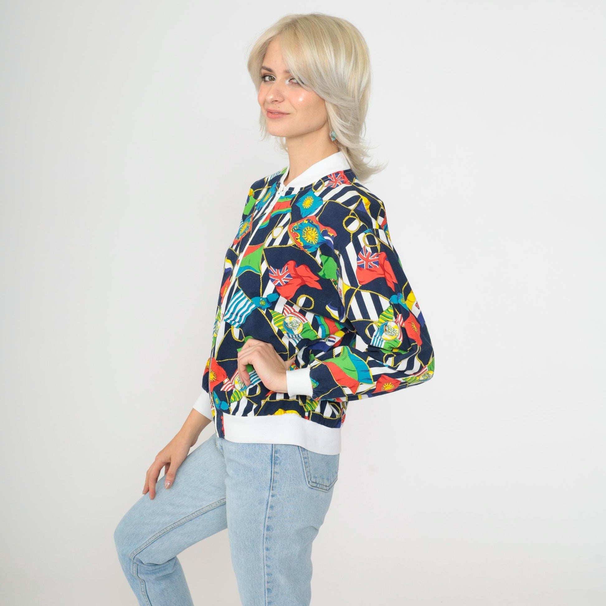 90s Nautical Windbreaker Jacket World Flags Print Navy Blue Medium