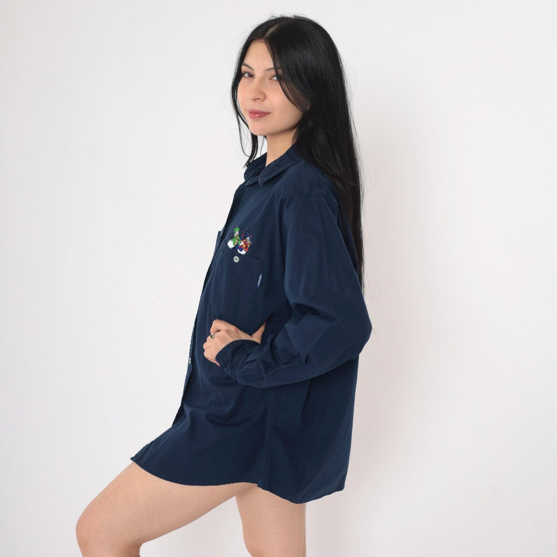 90s Mickey Unlimited Disney Embroidered Button Up Shirt Navy Large