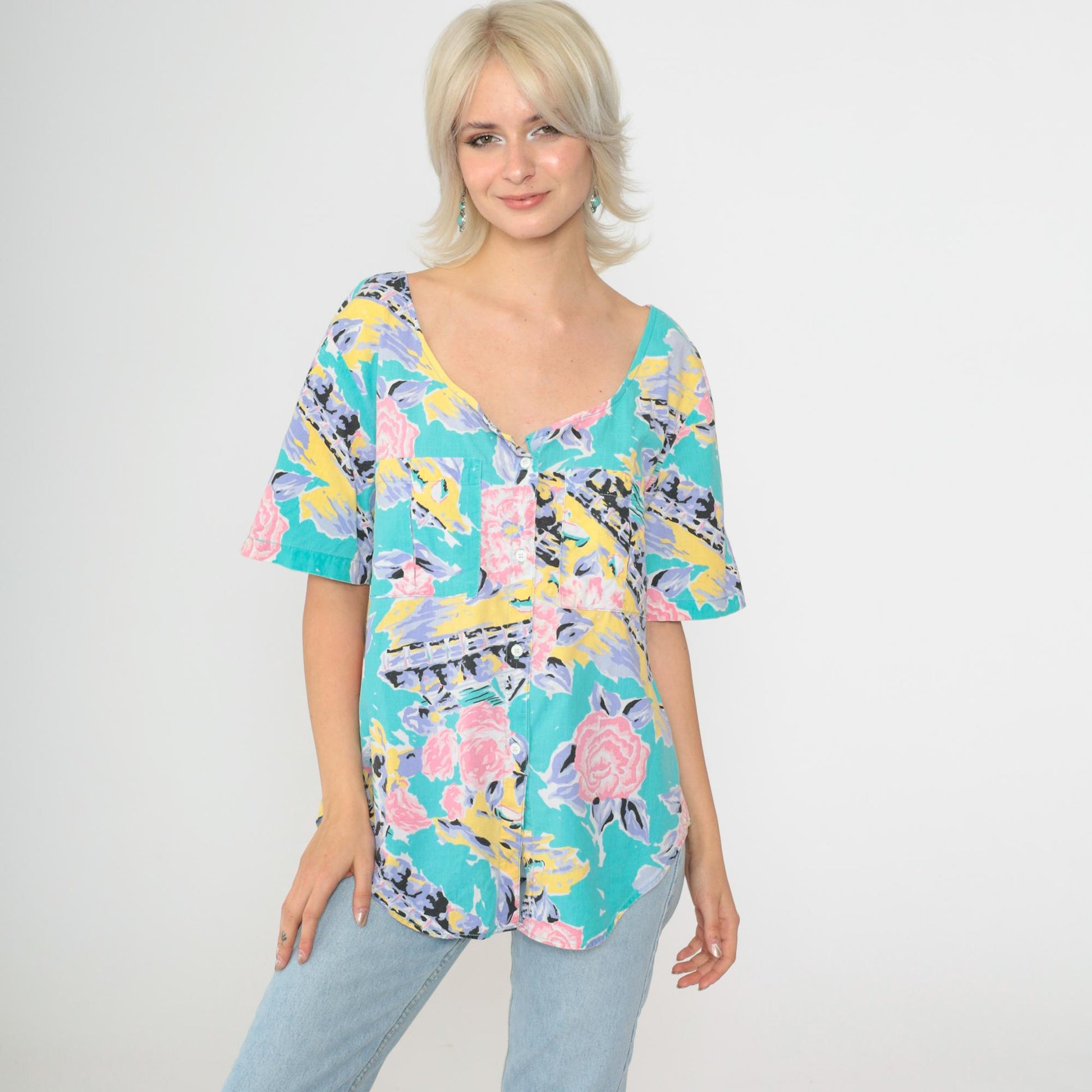 90s Cherokee Turquoise Floral Abstract Button-Up Blouse Short Sleeve Medium