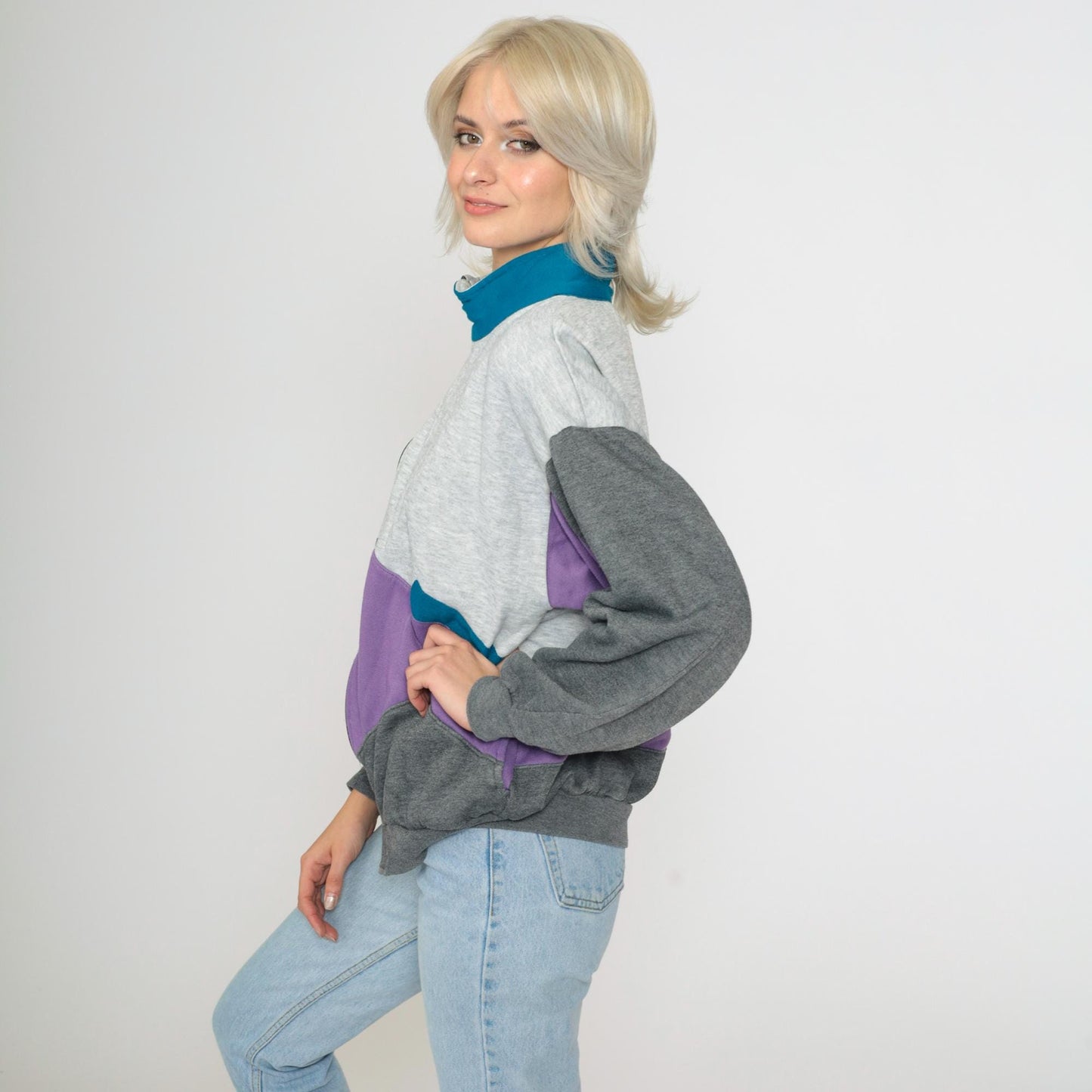 90s Colorblock Zip Sweatshirt Grey Purple Track Jacket Large L