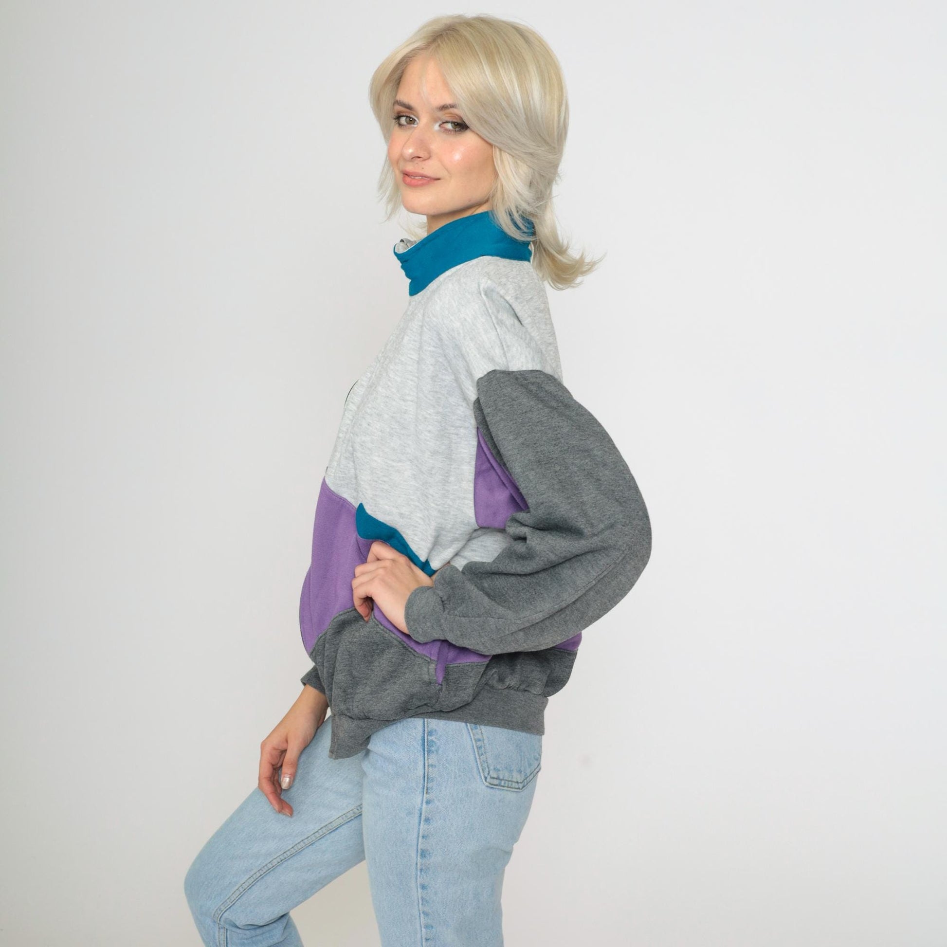90s Colorblock Zip Sweatshirt Grey Purple Track Jacket Large L