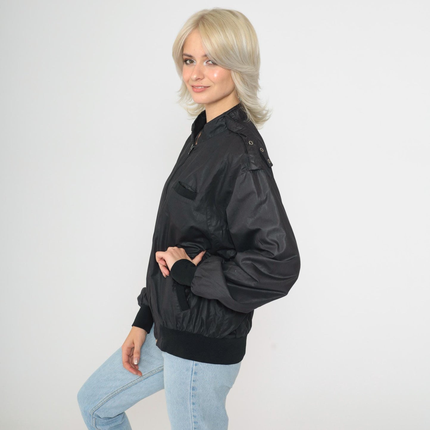 80s Aventura Black Shiny Bomber Jacket Zip Windbreaker Large L