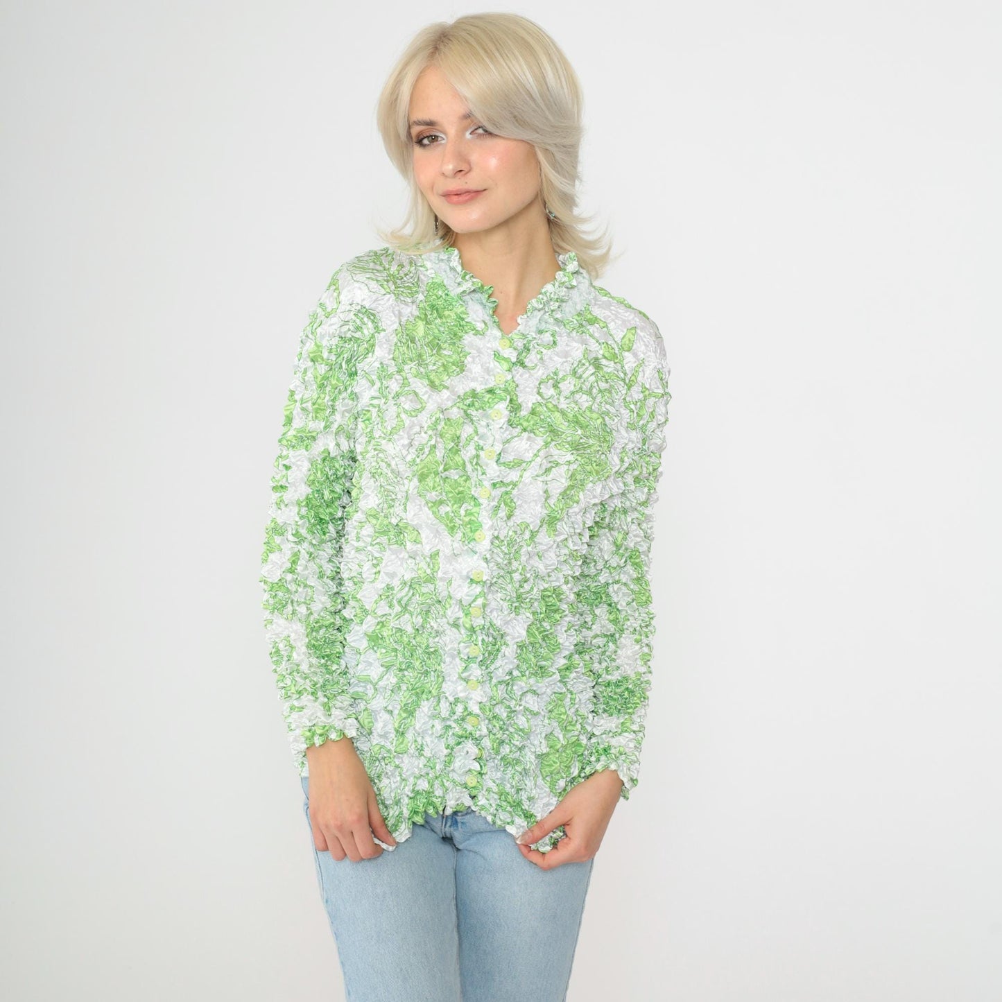 Y2K Tropical Leaf Popcorn Shirt White Green Long Sleeve Button Up Small