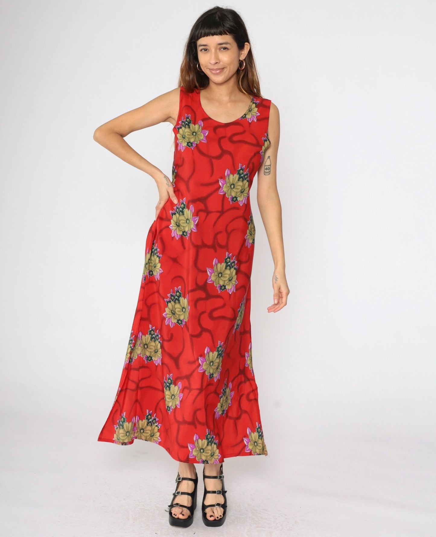 90s Red Floral Maxi Dress Sleeveless Scoop Neck Small S
