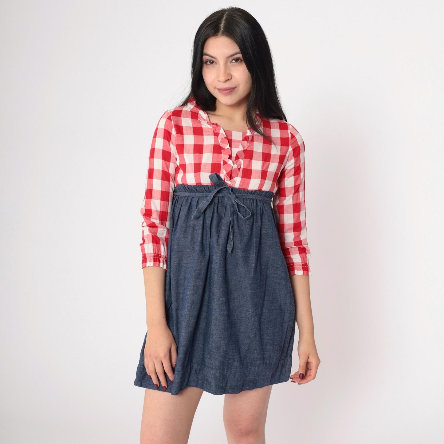 70s Babydoll Mini Dress Red Buffalo Plaid Empire Waist Ruffled Neckline XS