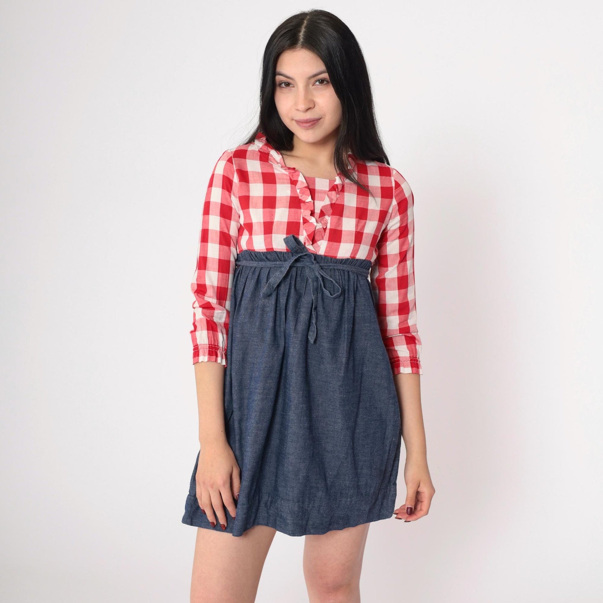70s Babydoll Mini Dress Red Buffalo Plaid Empire Waist Ruffled Neckline XS