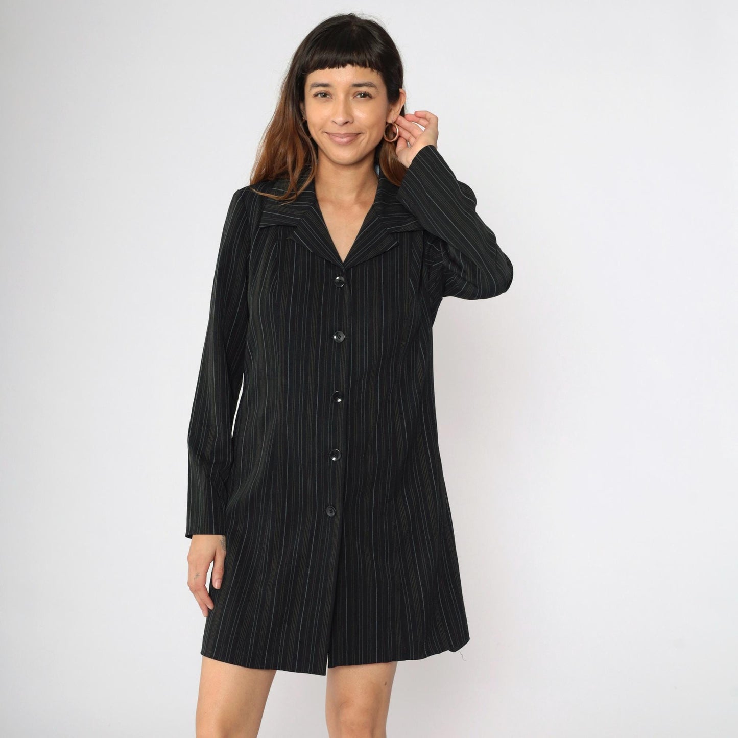 90s Black Pinstripe Jacket Dress Suits Us Collared Button-Front Medium
