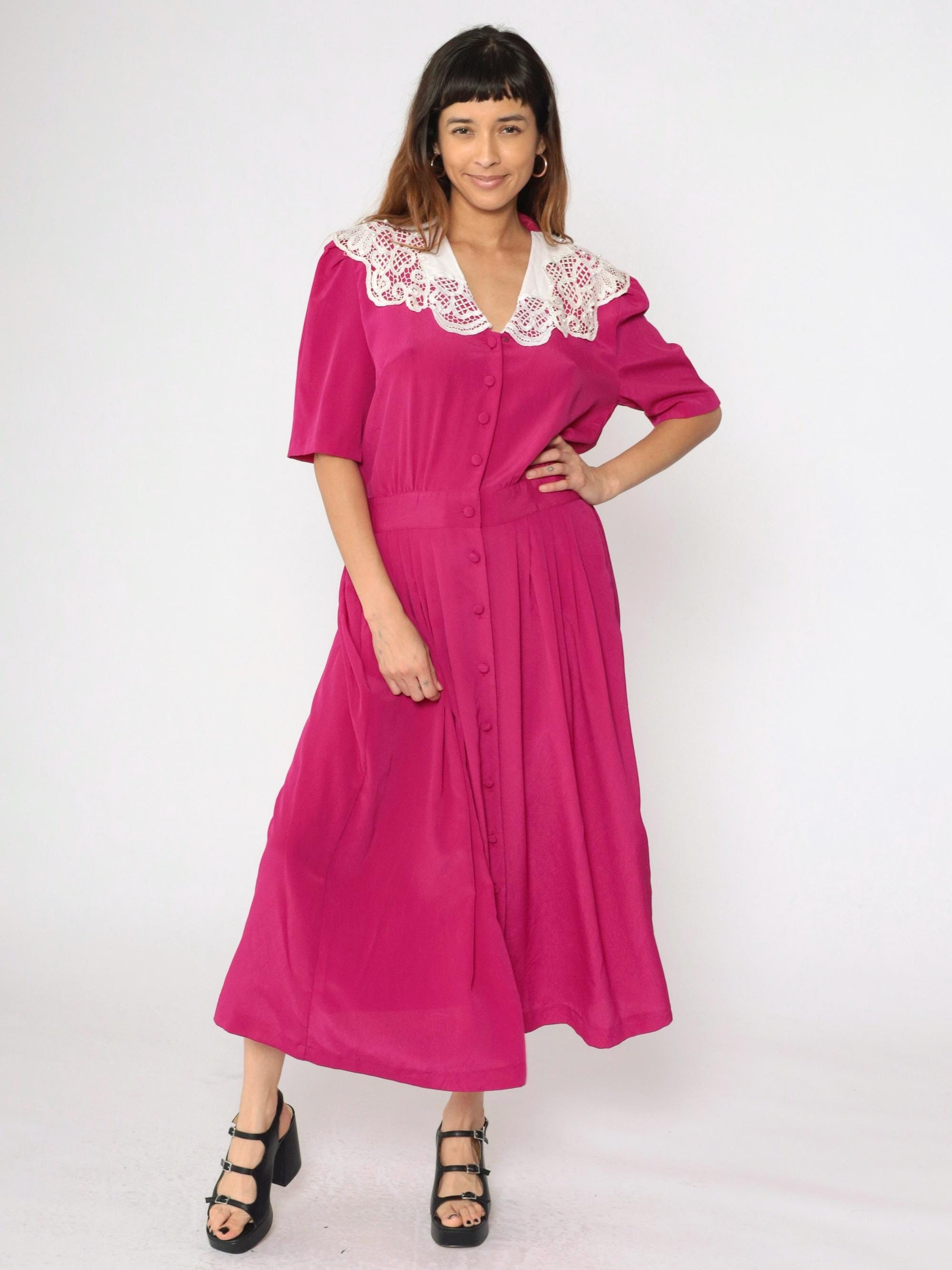 80s Fuchsia Pearl Beaded Lace Collar Button-Up Dress Puff Sleeve Ankle Length Medium