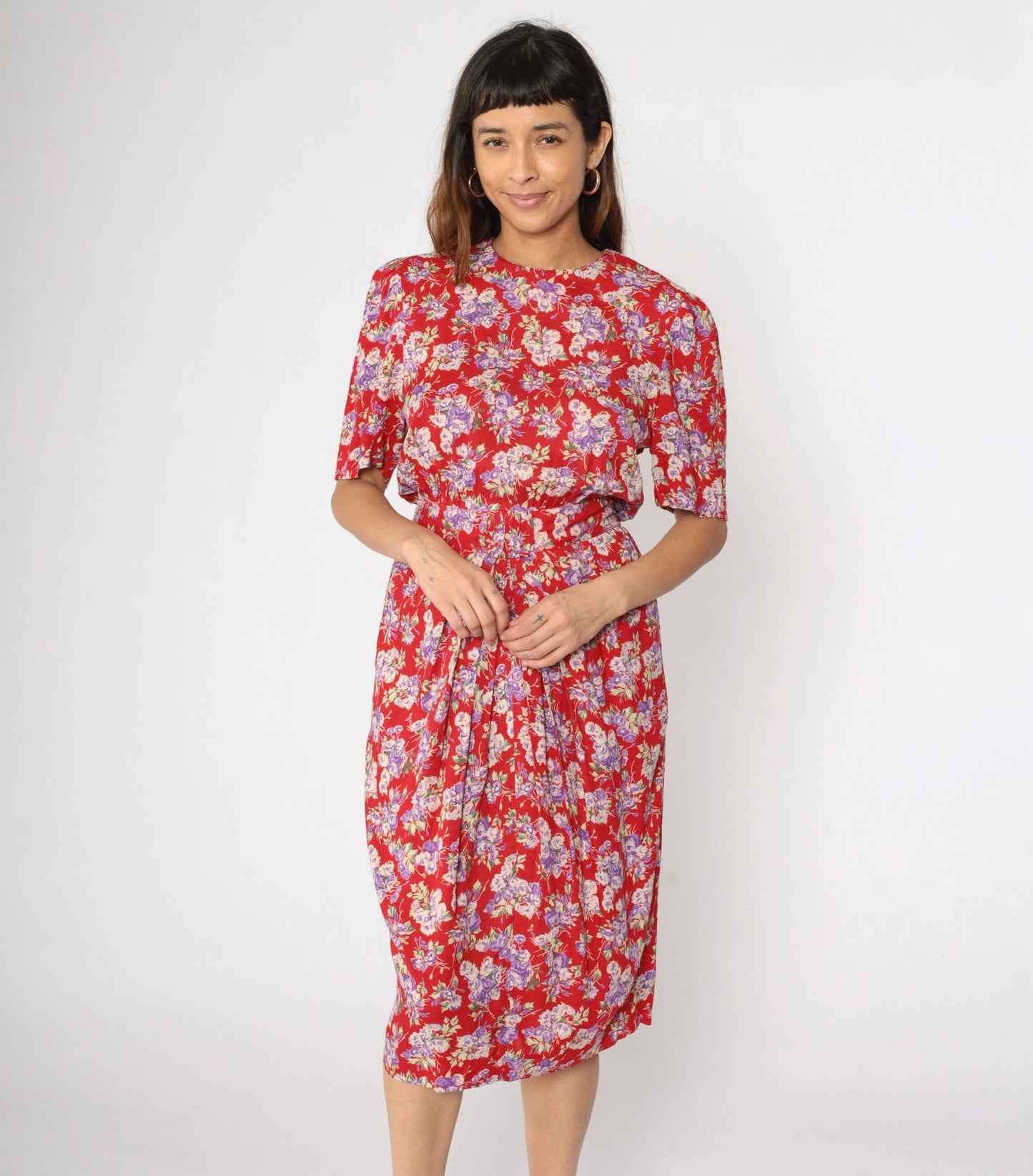 90s Karin Stevens Floral Midi Dress Red Puff Sleeve High Waist Medium 8