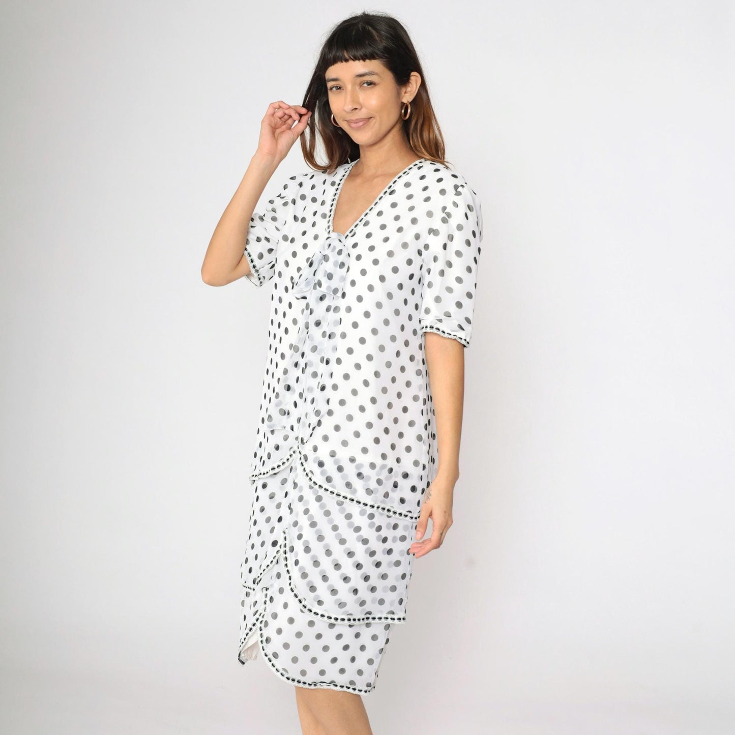 80s White Polka Dot Chiffon Midi Dress Puff Sleeve Ascot Bow Medium