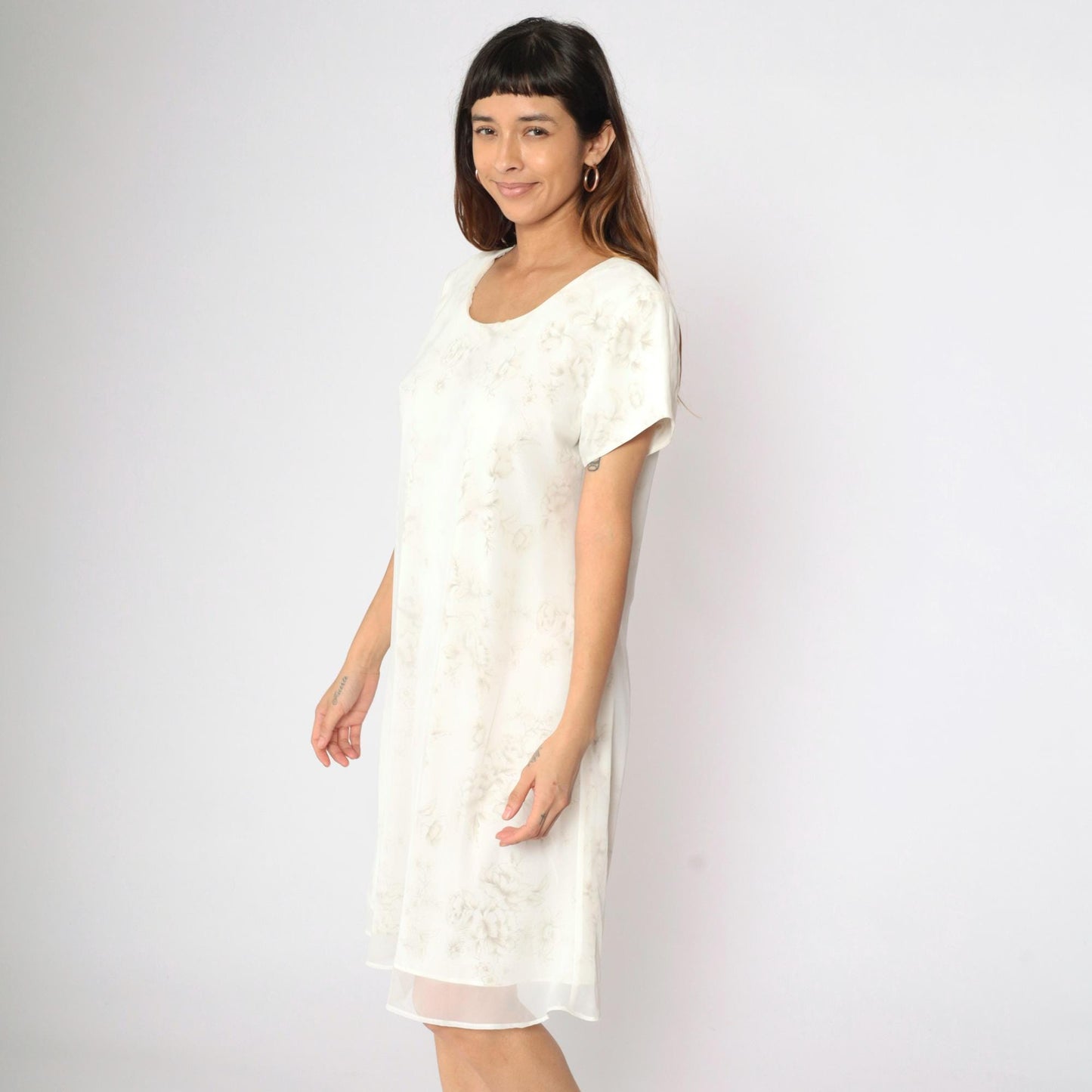 90s Jessica Howard Floral Mini Dress Cream Chiffon Shift Short Sleeve Large