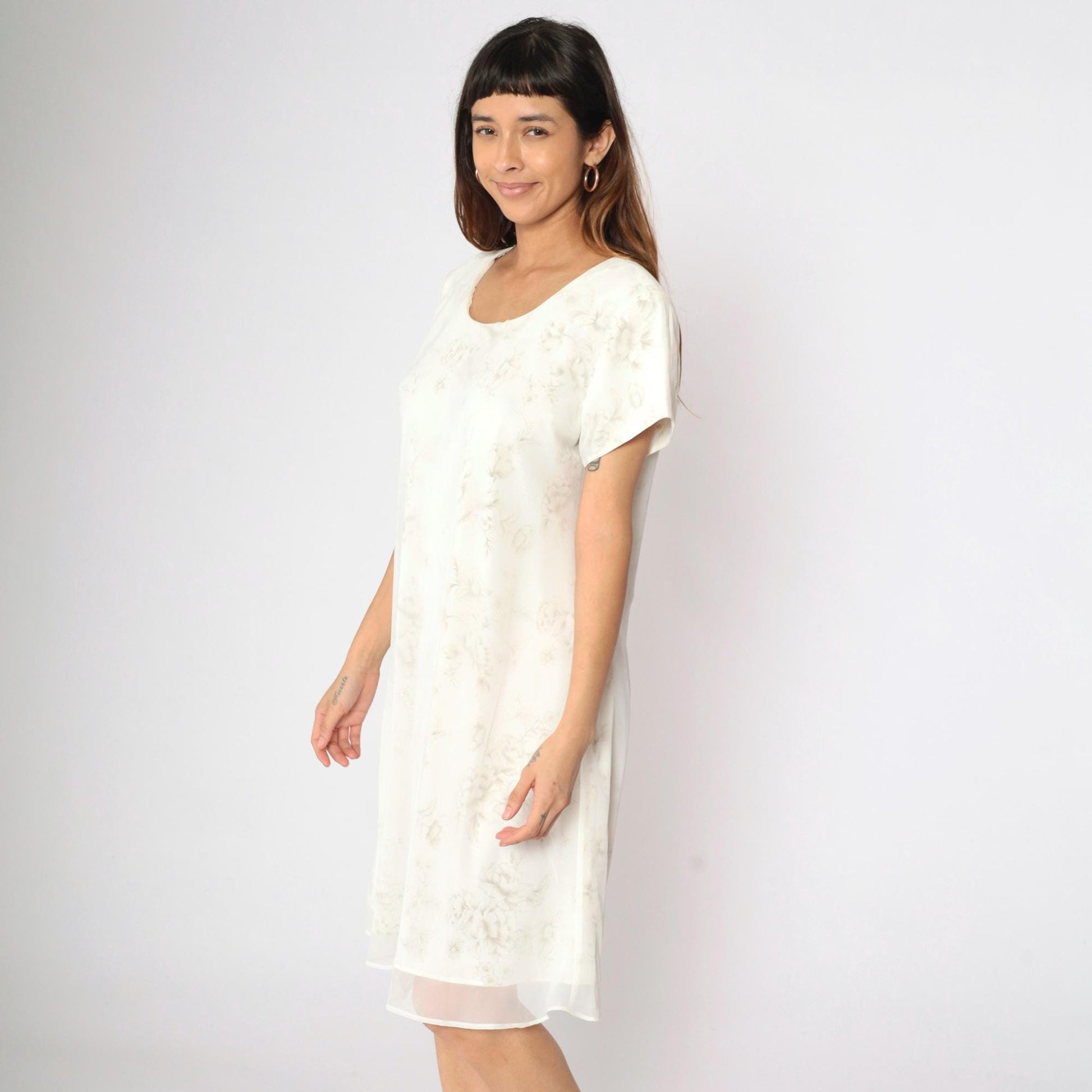 90s Jessica Howard Floral Mini Dress Cream Chiffon Shift Short Sleeve Large