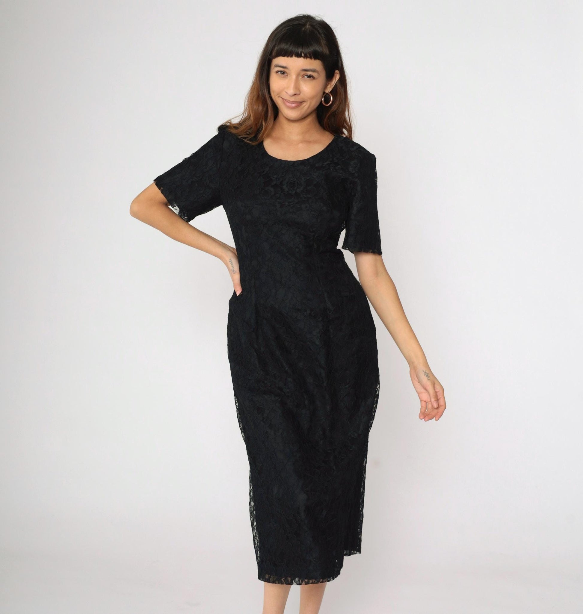 90s Black Lace Midi Dress Sheath Corset Lace-Up Back Short Sleeve Medium