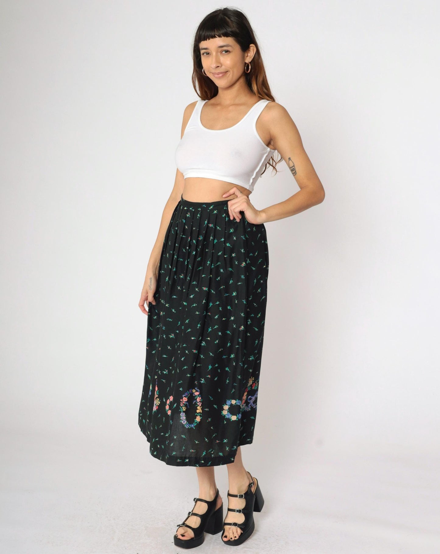 90s The Eagle's Eye Floral Midi Skirt Black Botanical Rayon Small