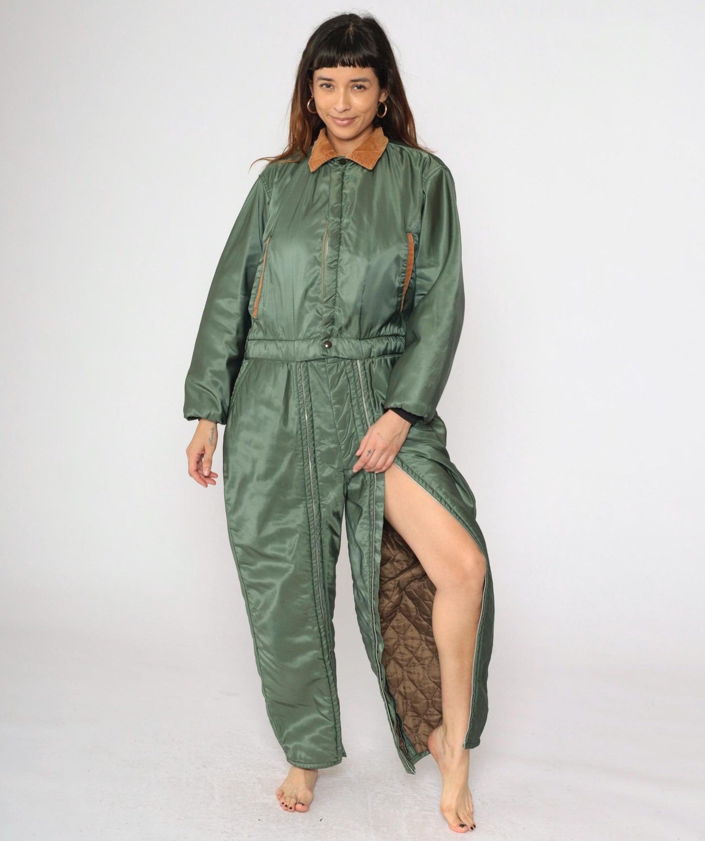 80s Green Nylon Ski Suit Brown Corduroy Collar Quilted Snowsuit Medium