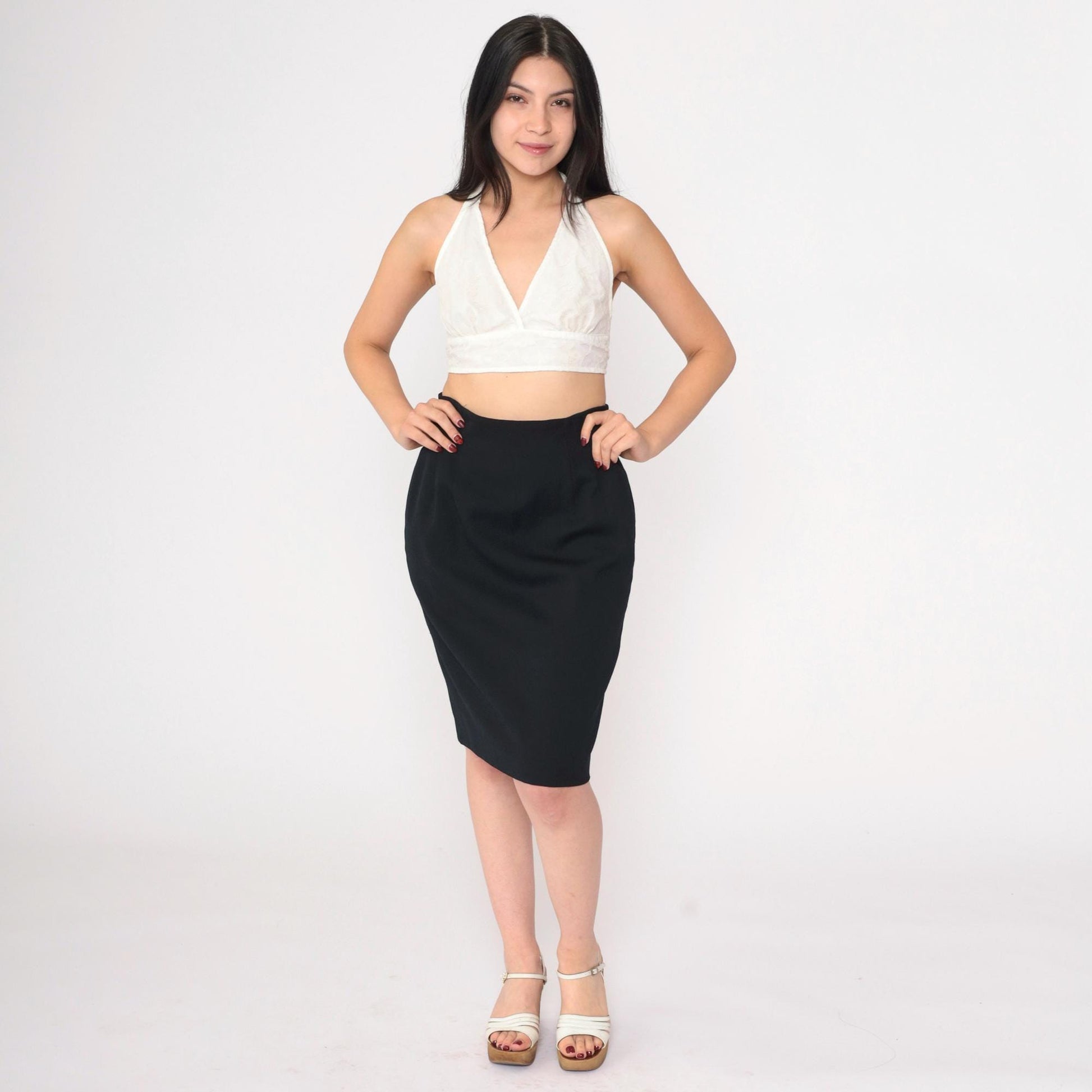 90s Black Pencil Skirt High Waisted Knee Length Small