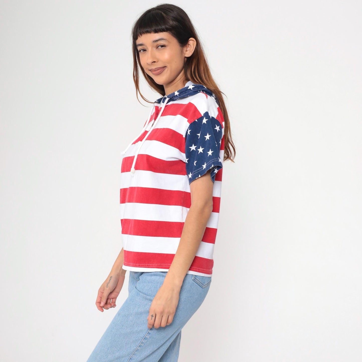 90s American Flag Stars and Stripes Hooded T-Shirt Cotton Youth Extra Large