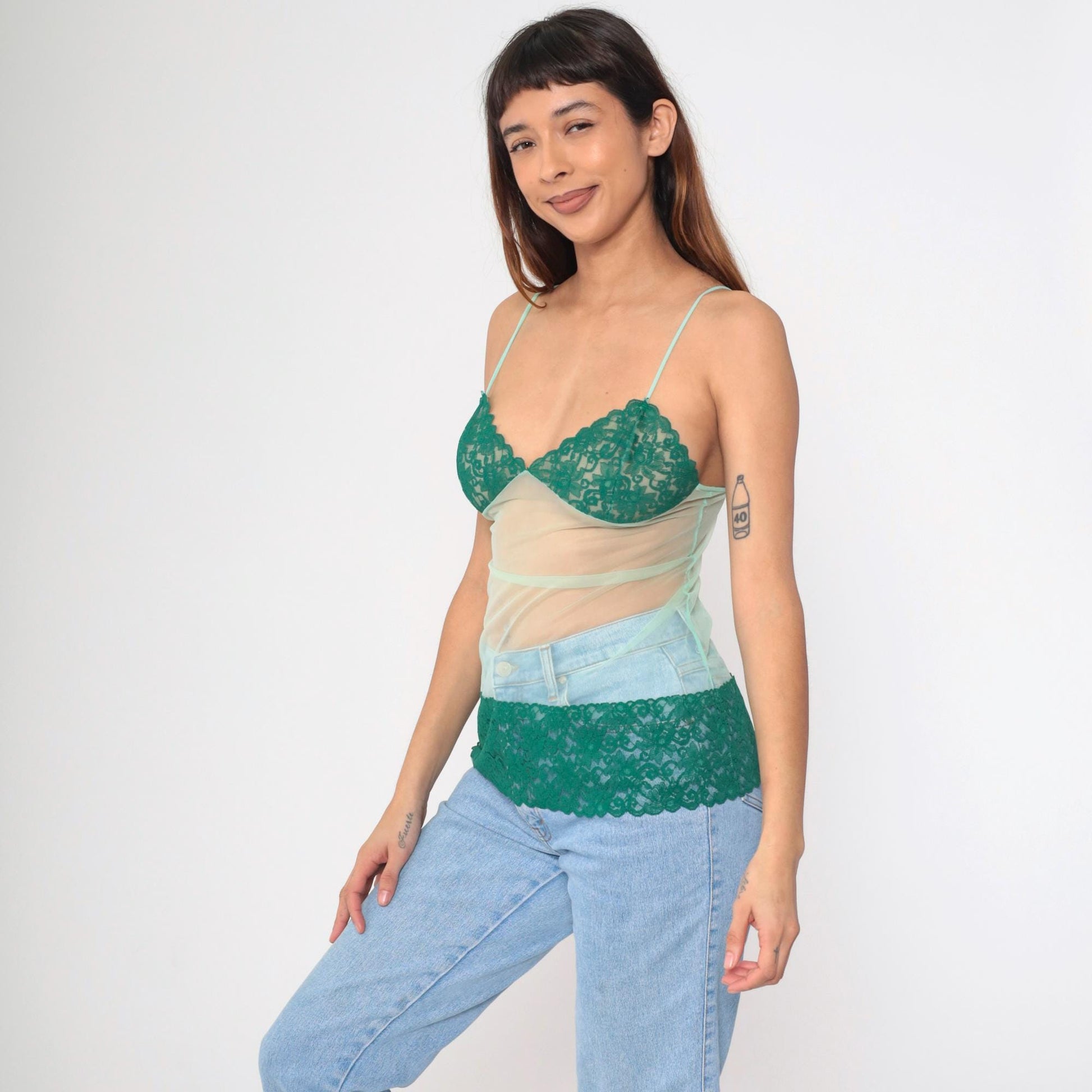 Y2K Mint Green Lace Cami Top Sheer Mesh Spaghetti Strap Lingerie Extra Small