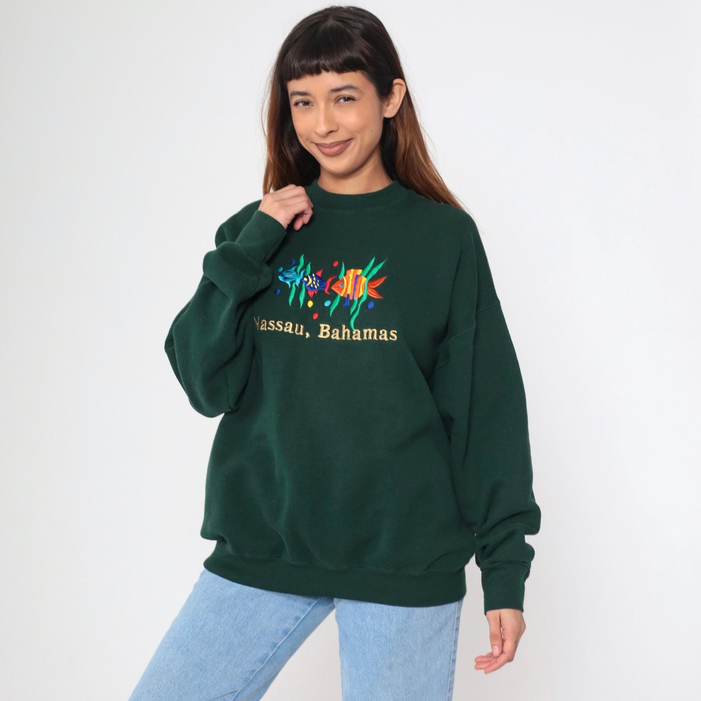 90s Nassau Bahamas Sweatshirt Dark Green Embroidered Fish Crewneck Extra Large XL