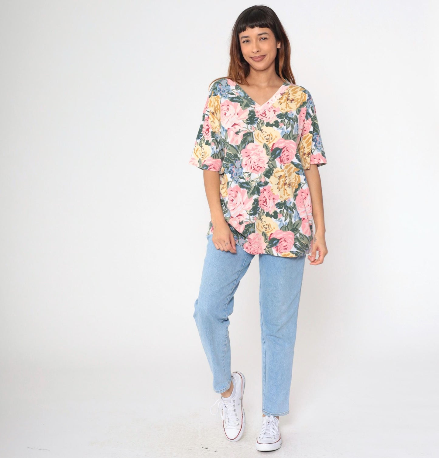 90s Express Tricot Floral T-Shirt Pink Rose Yellow Blue V-Neck Large L